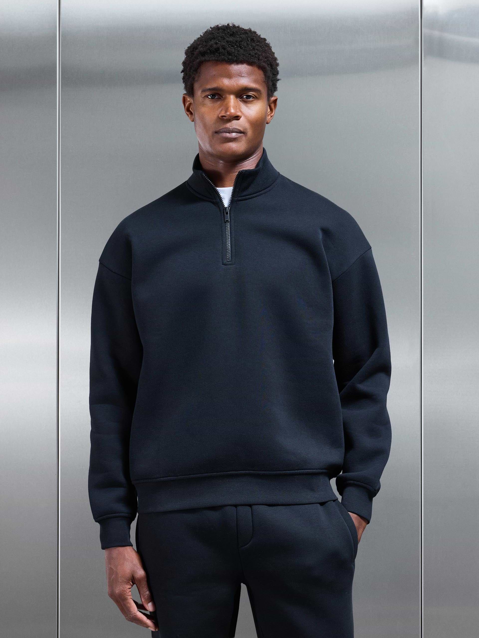 Neoprene Relaxed Half Zip Funnel Neck in Black