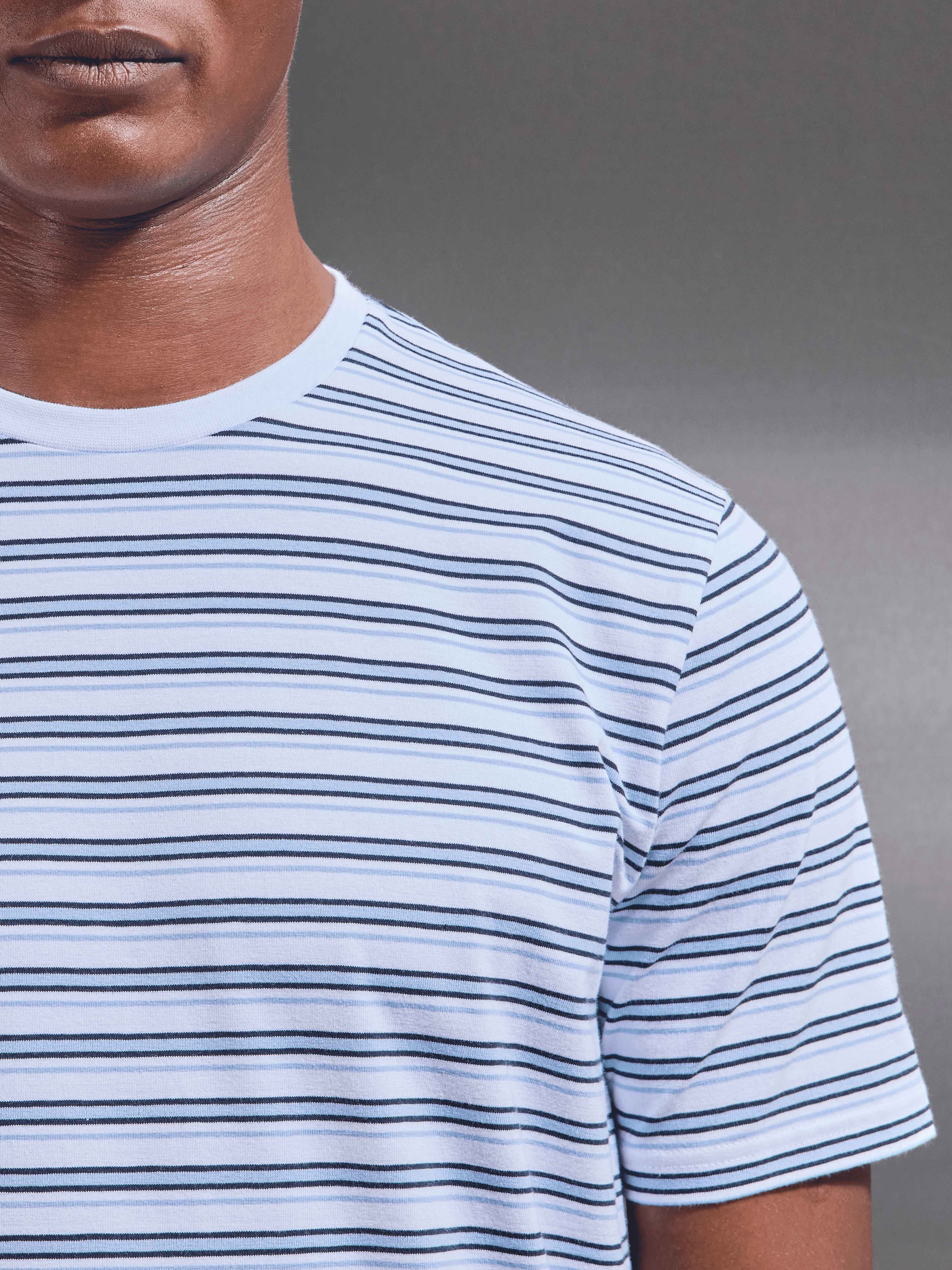 Mens Porto Stripe T-Shirt in White Light Blue