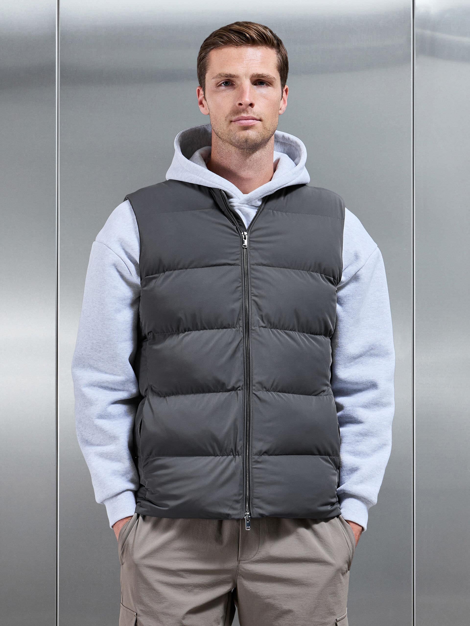 Mens Quilted Bomber Gilet in Grey