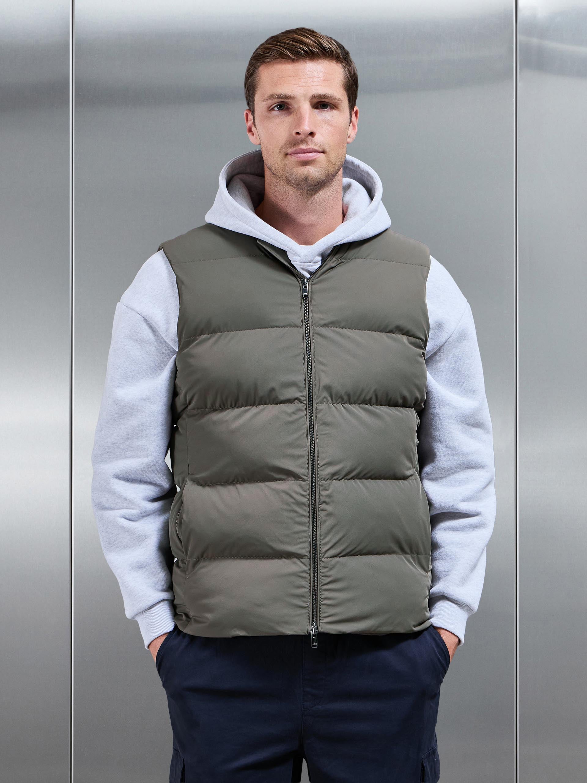 Mens Quilted Bomber Gilet in Olive