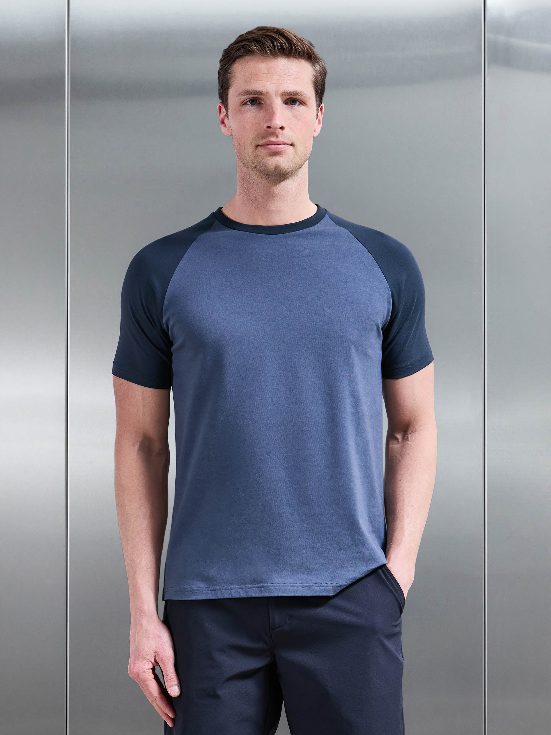 Mens Raglan Slim Fit Stretch Cotton T-Shirt in Steel Blue Navy
