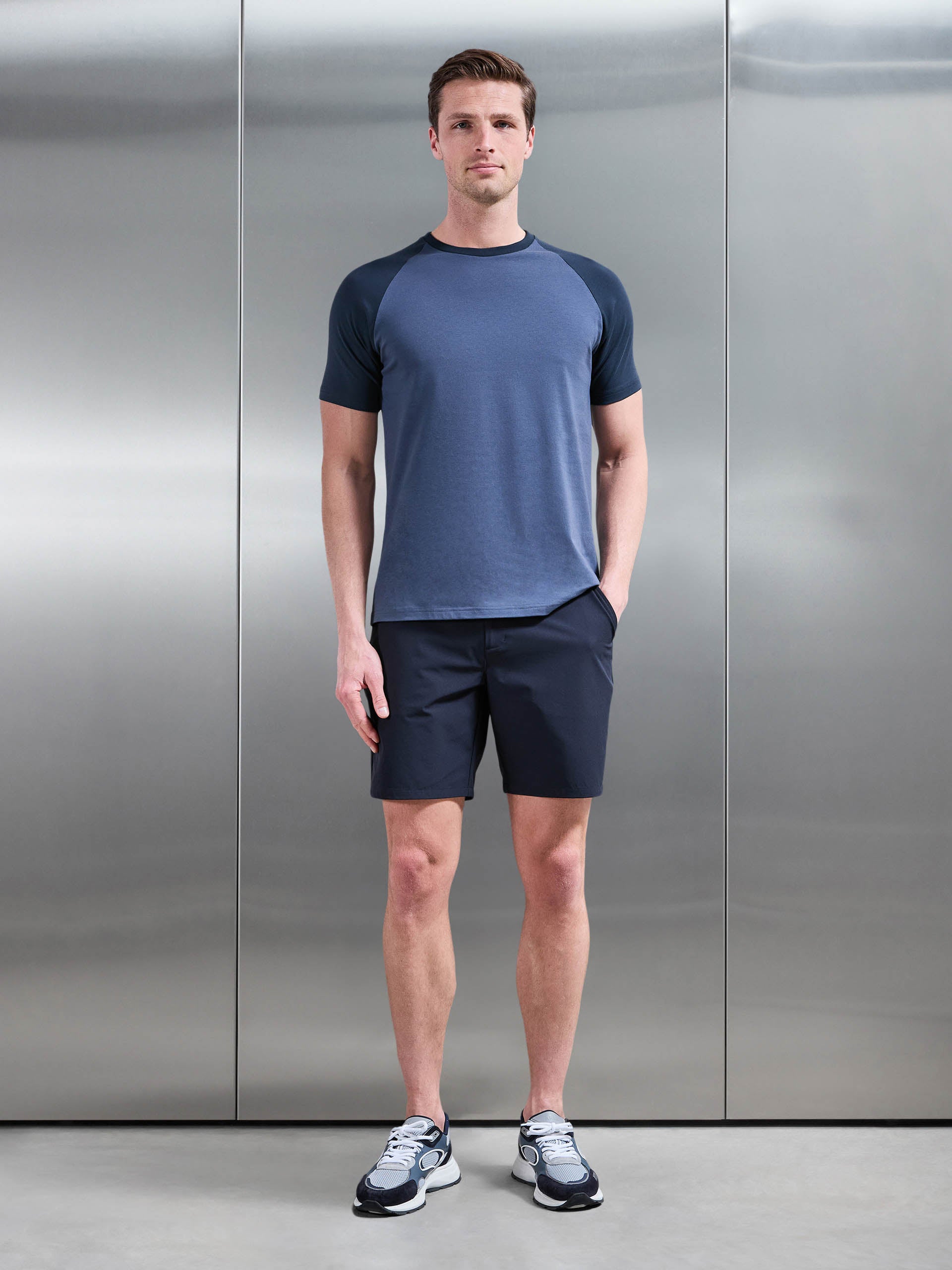 Mens Raglan Slim Fit Stretch Cotton T-Shirt in Steel Blue Navy