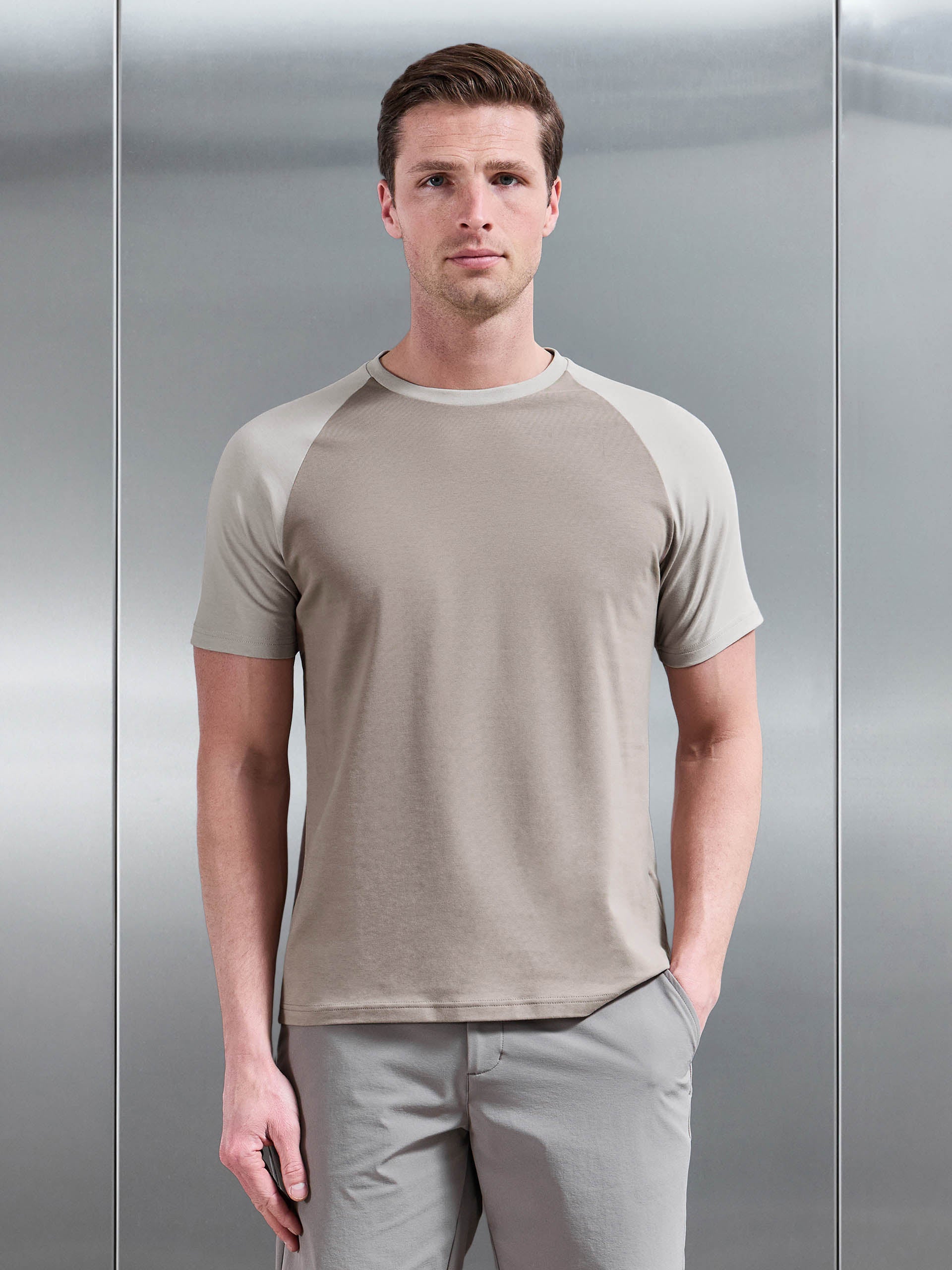 Mens Raglan Slim Fit Stretch Cotton T-Shirt in Taupe Stone