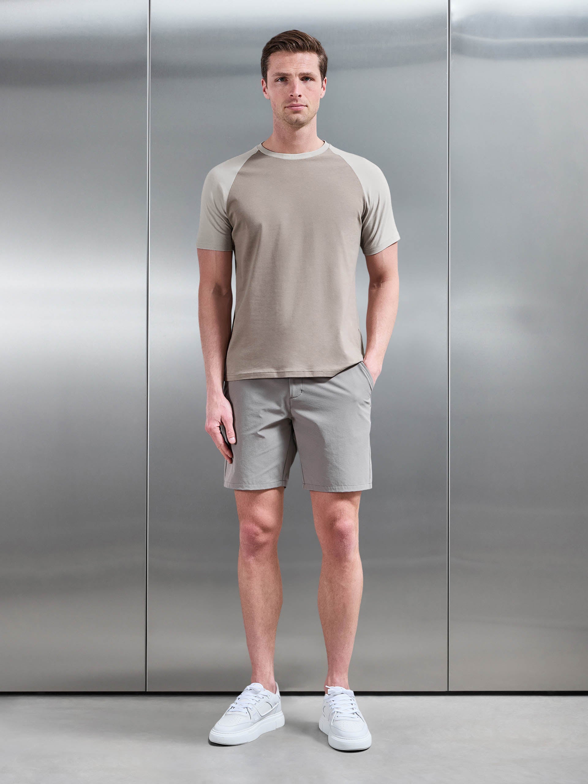 Mens Raglan Slim Fit Stretch Cotton T-Shirt in Taupe Stone