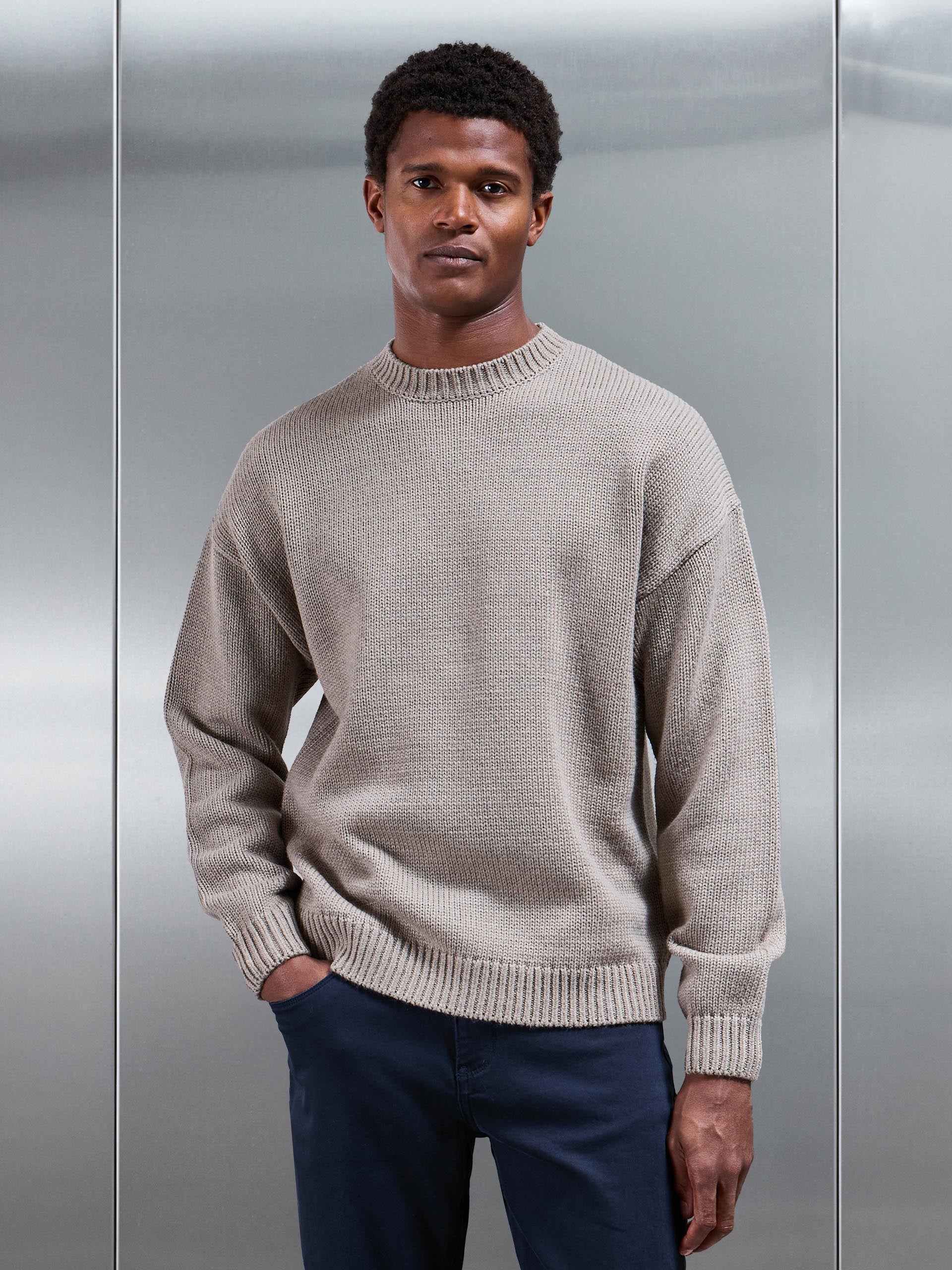 Mens Relaxed Fit Knitted Sweatshirt in Beige Taupe