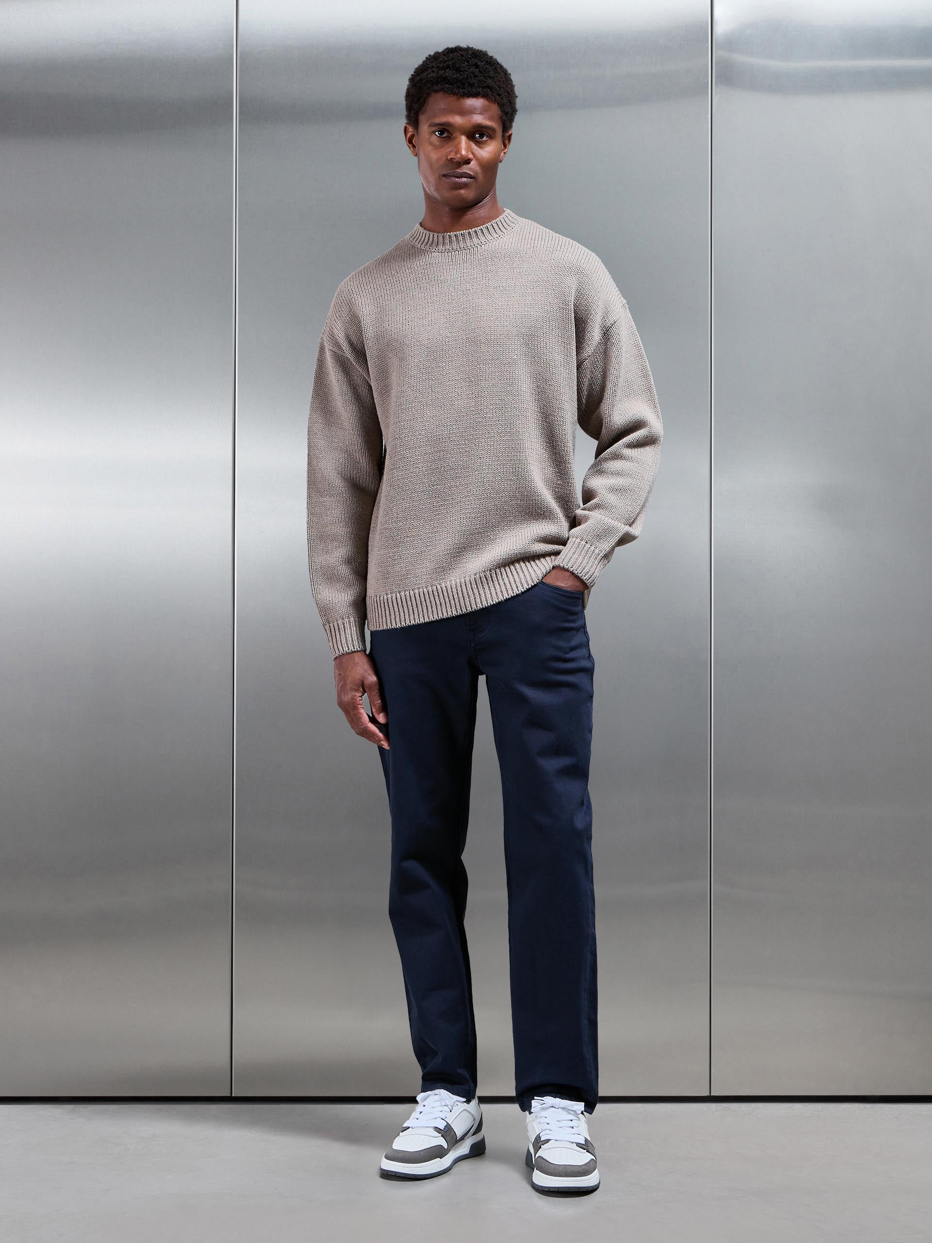 Mens Relaxed Fit Knitted Sweatshirt in Beige Taupe