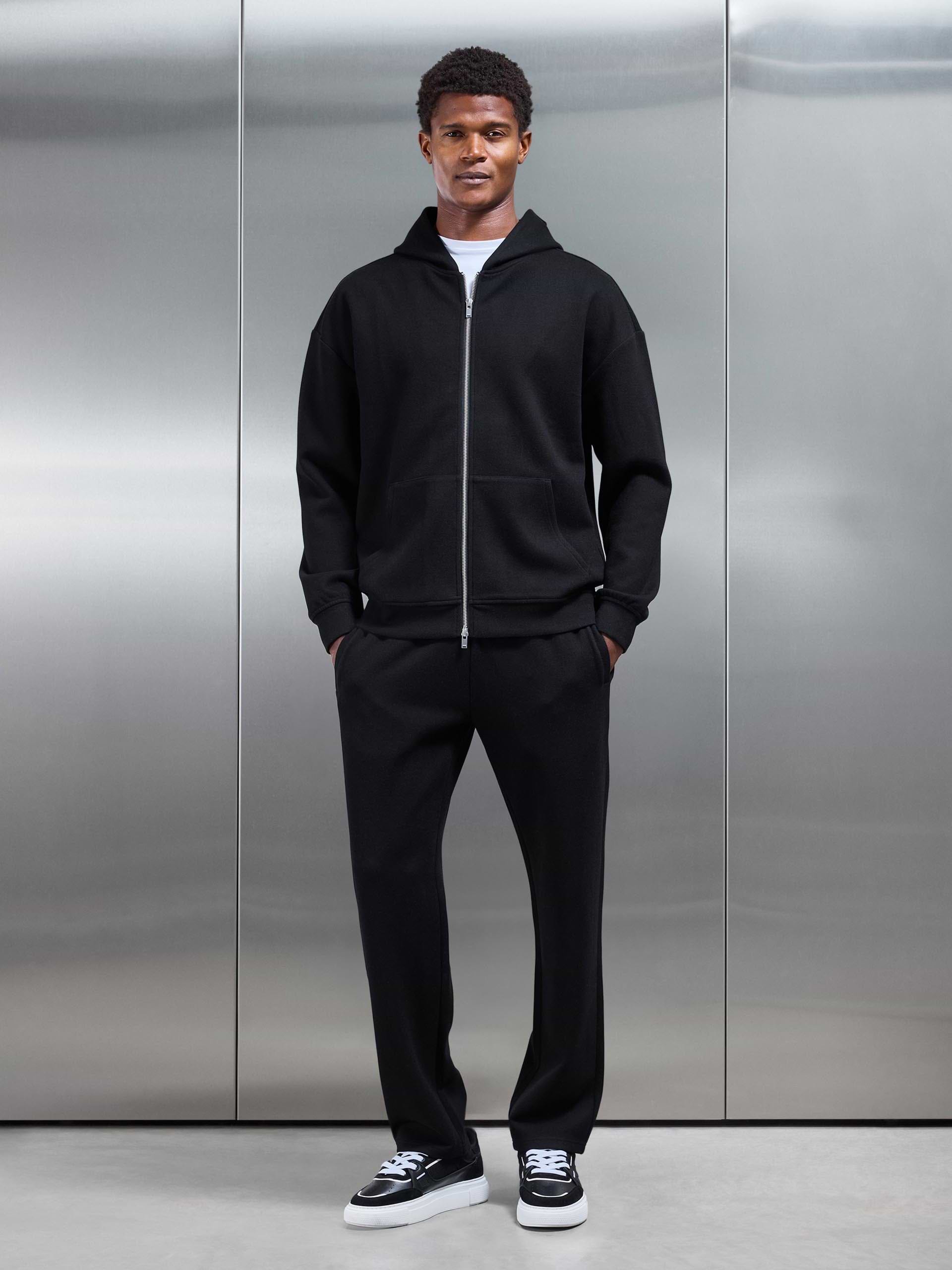 Relaxed Fit Knitted Zip Through Hoodie in Black