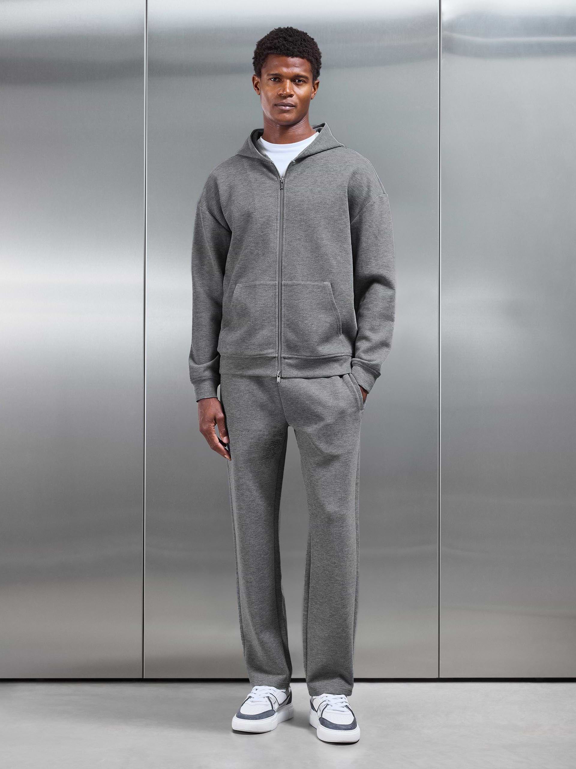 Relaxed Fit Knitted Zip Through Hoodie in Charcoal Marl