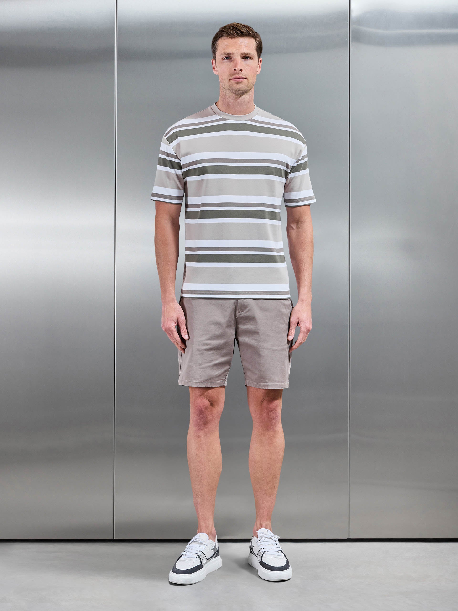 Mens Relaxed Fit Stripe T-Shirt in Stone
