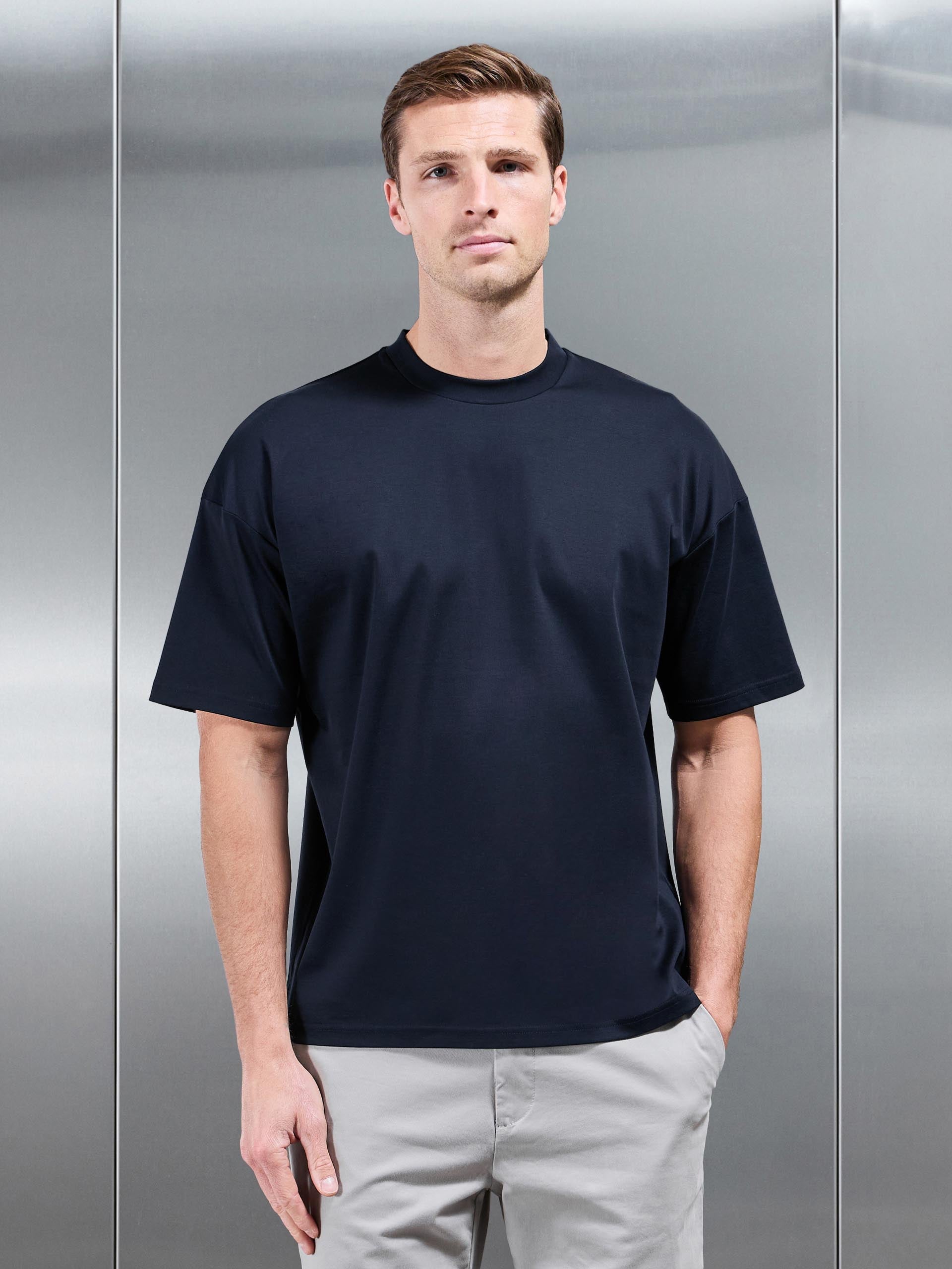 Mens Relaxed Mercerised Interlock T-Shirt in Navy