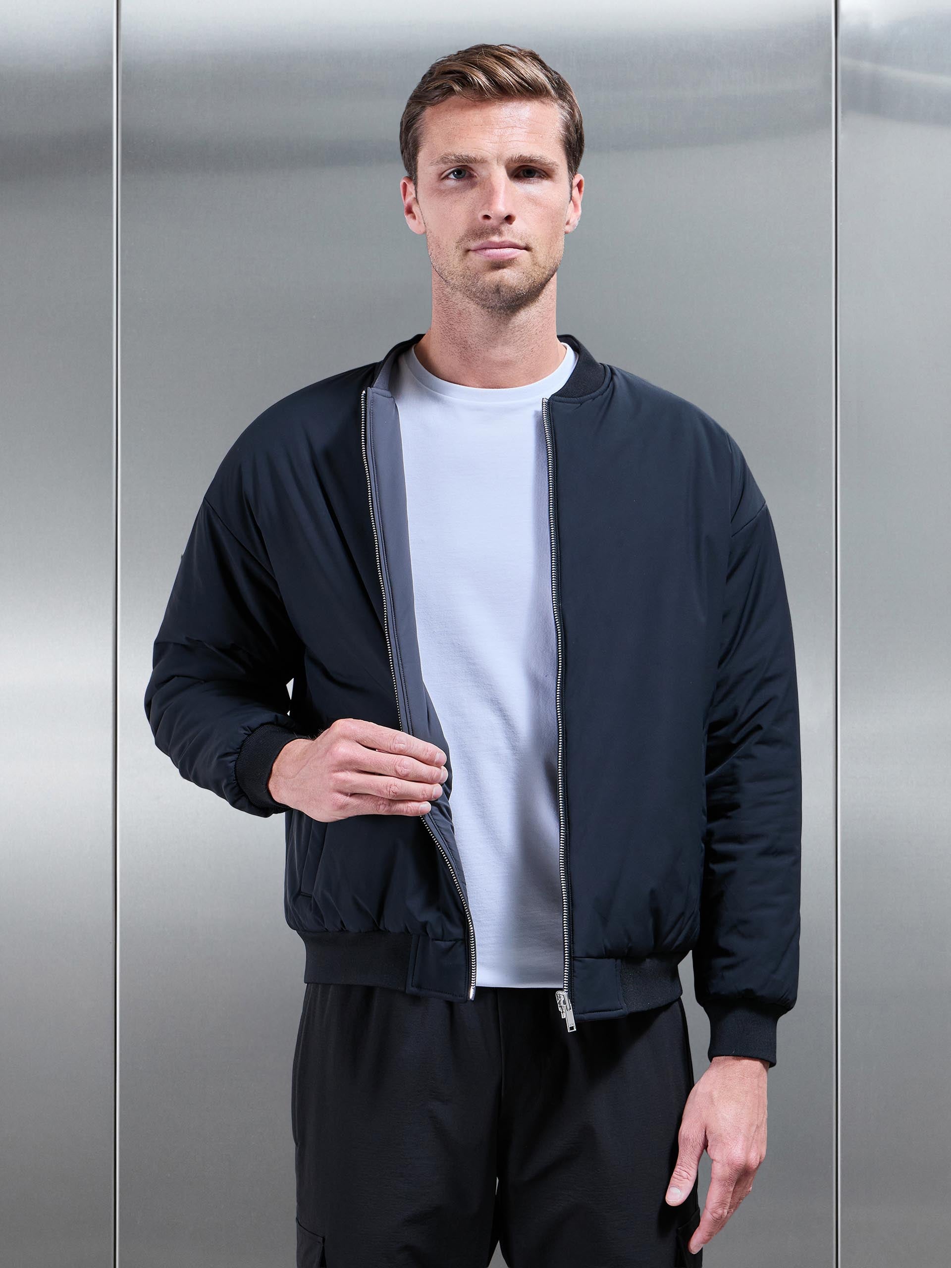 Mens Relaxed Padded Reversible Bomber Jacket in Black Grey