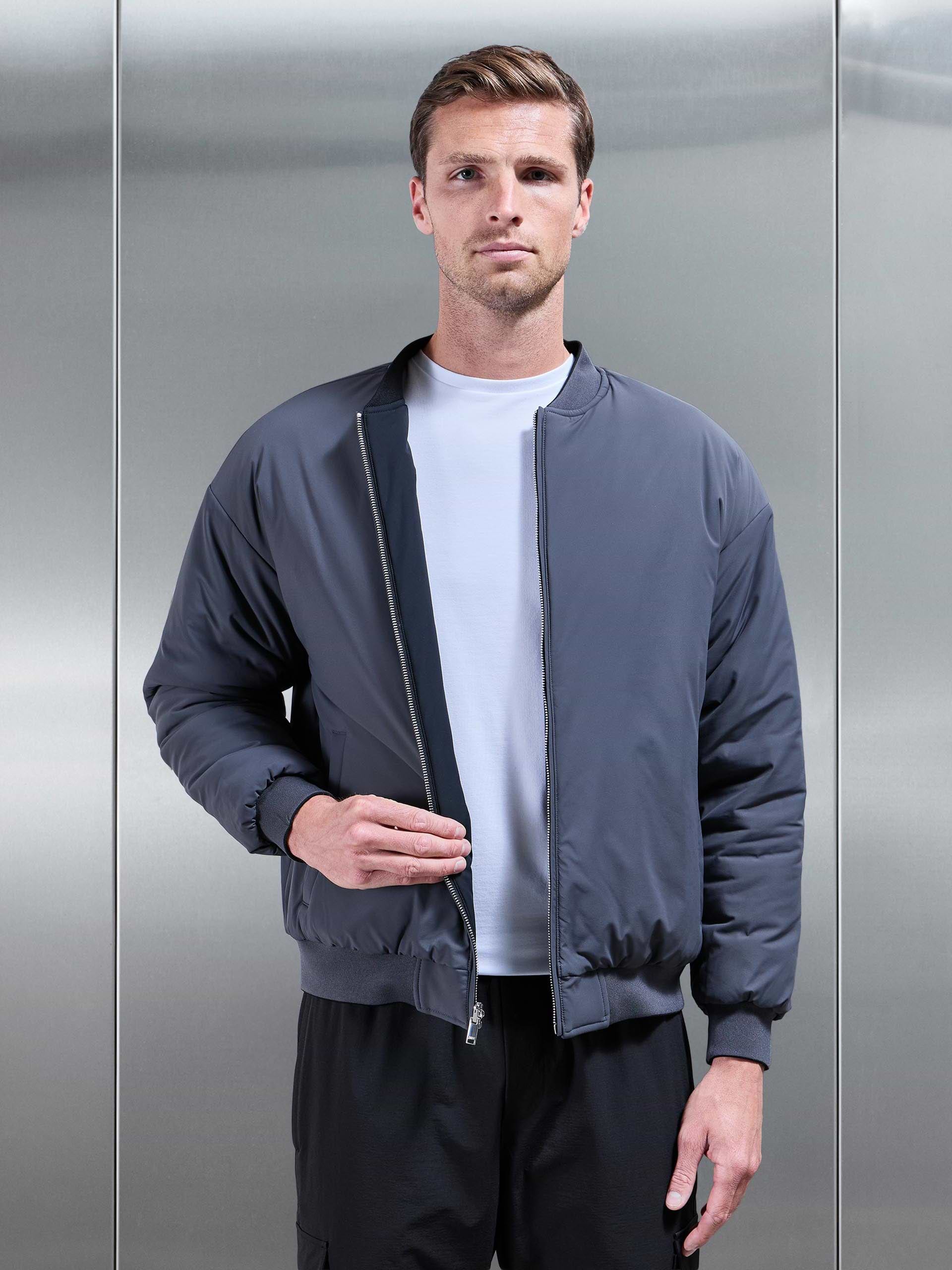 Relaxed Padded Reversible Bomber Jacket in Black Grey