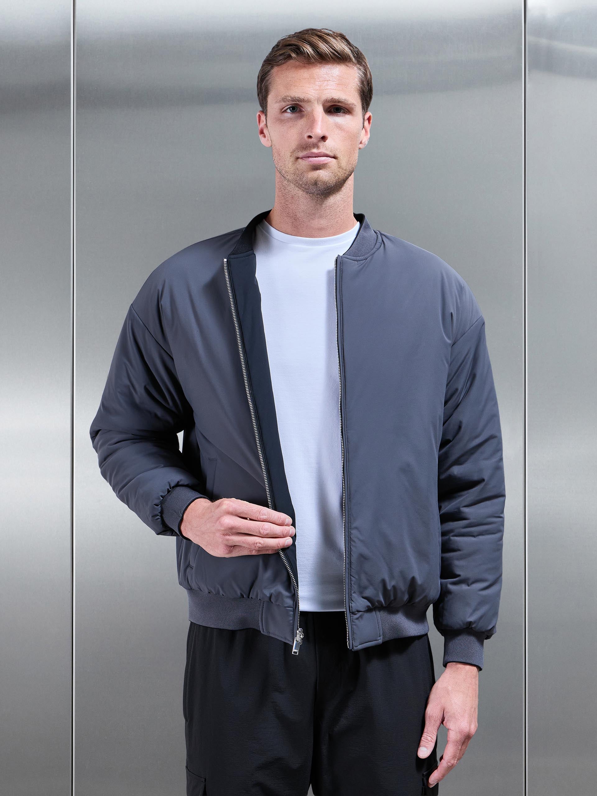 Mens Relaxed Padded Reversible Bomber Jacket in Black Grey