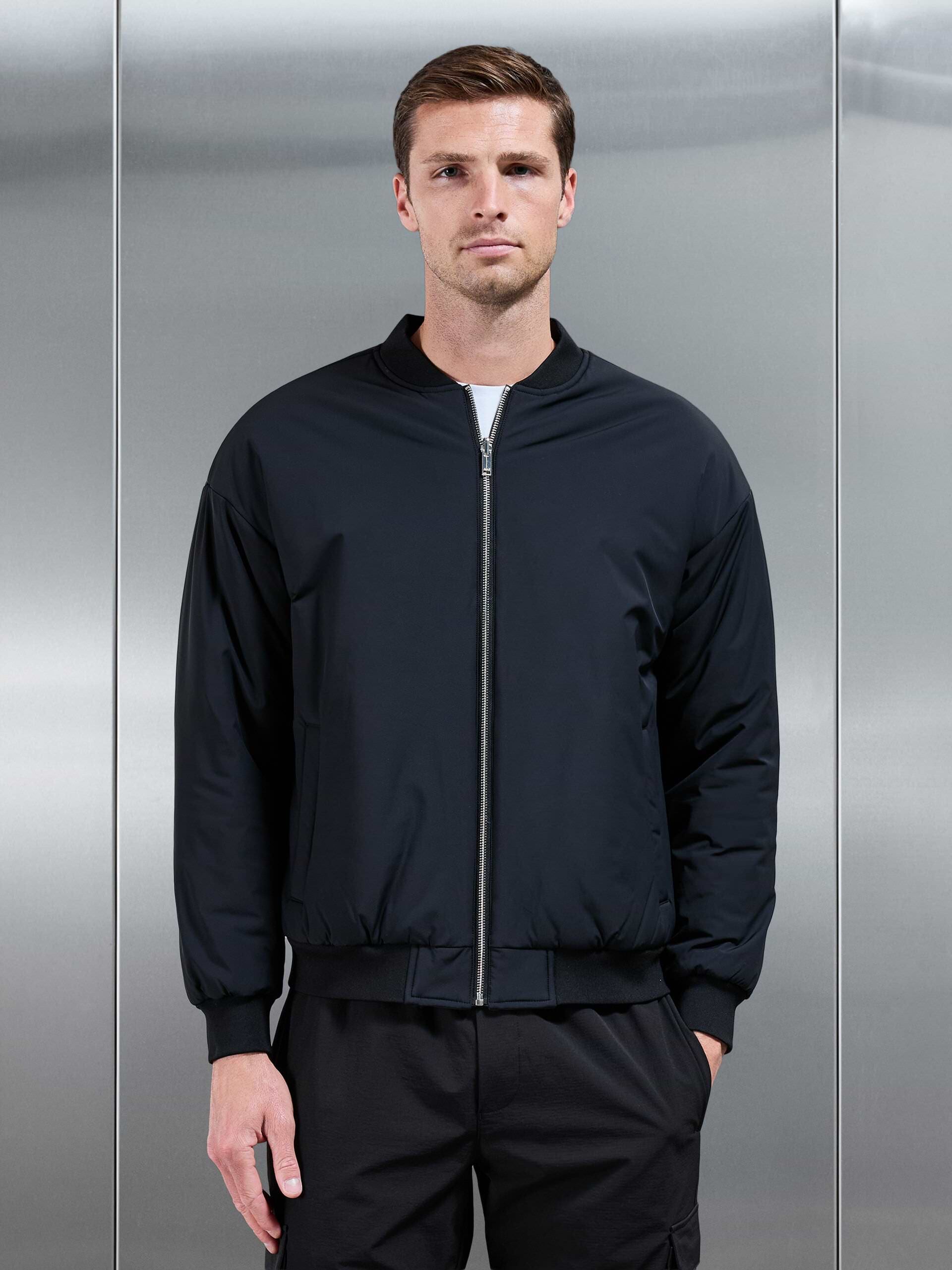 Relaxed Padded Reversible Bomber Jacket in Black Grey