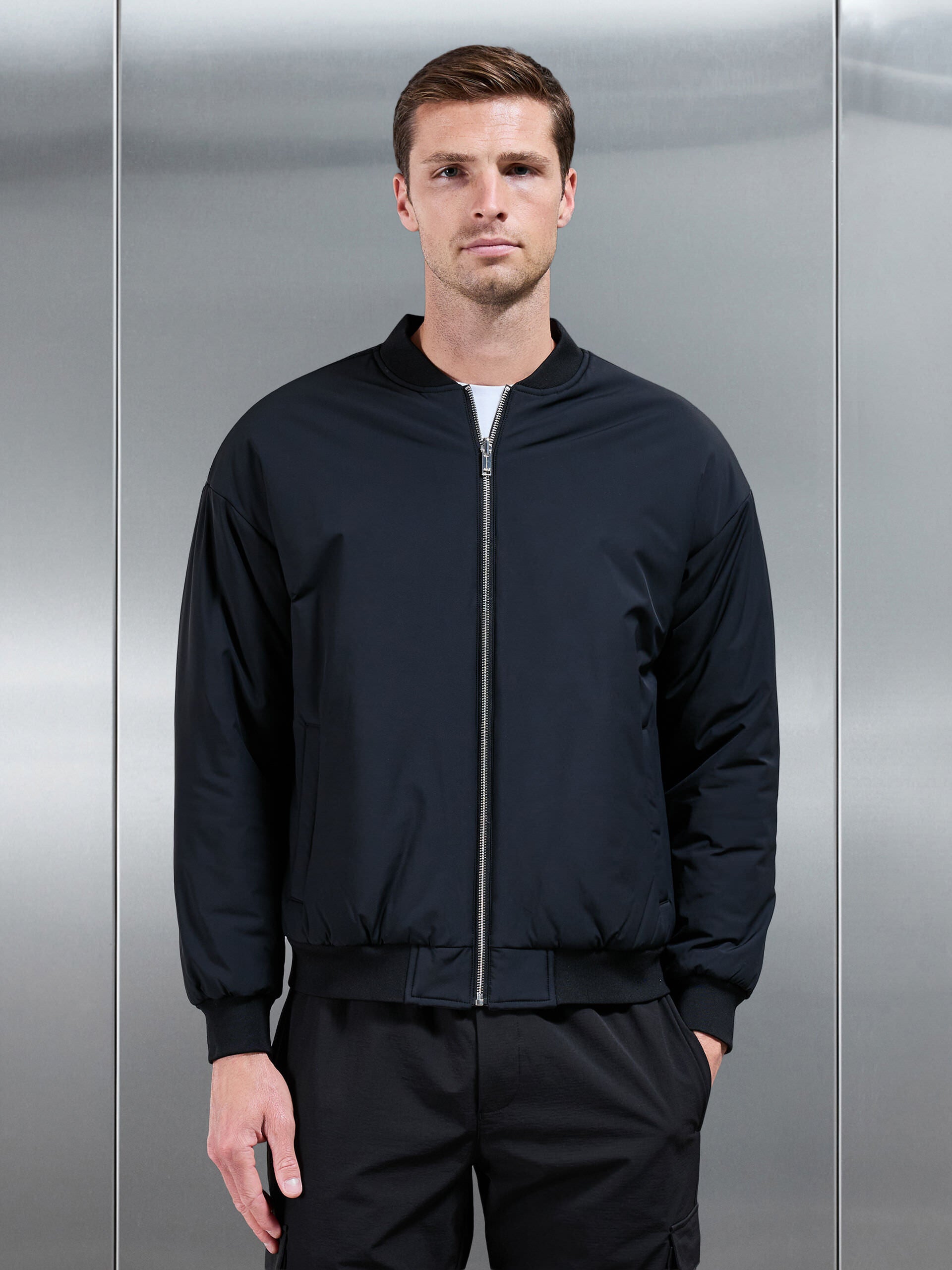 Mens Relaxed Padded Reversible Bomber Jacket in Black Grey