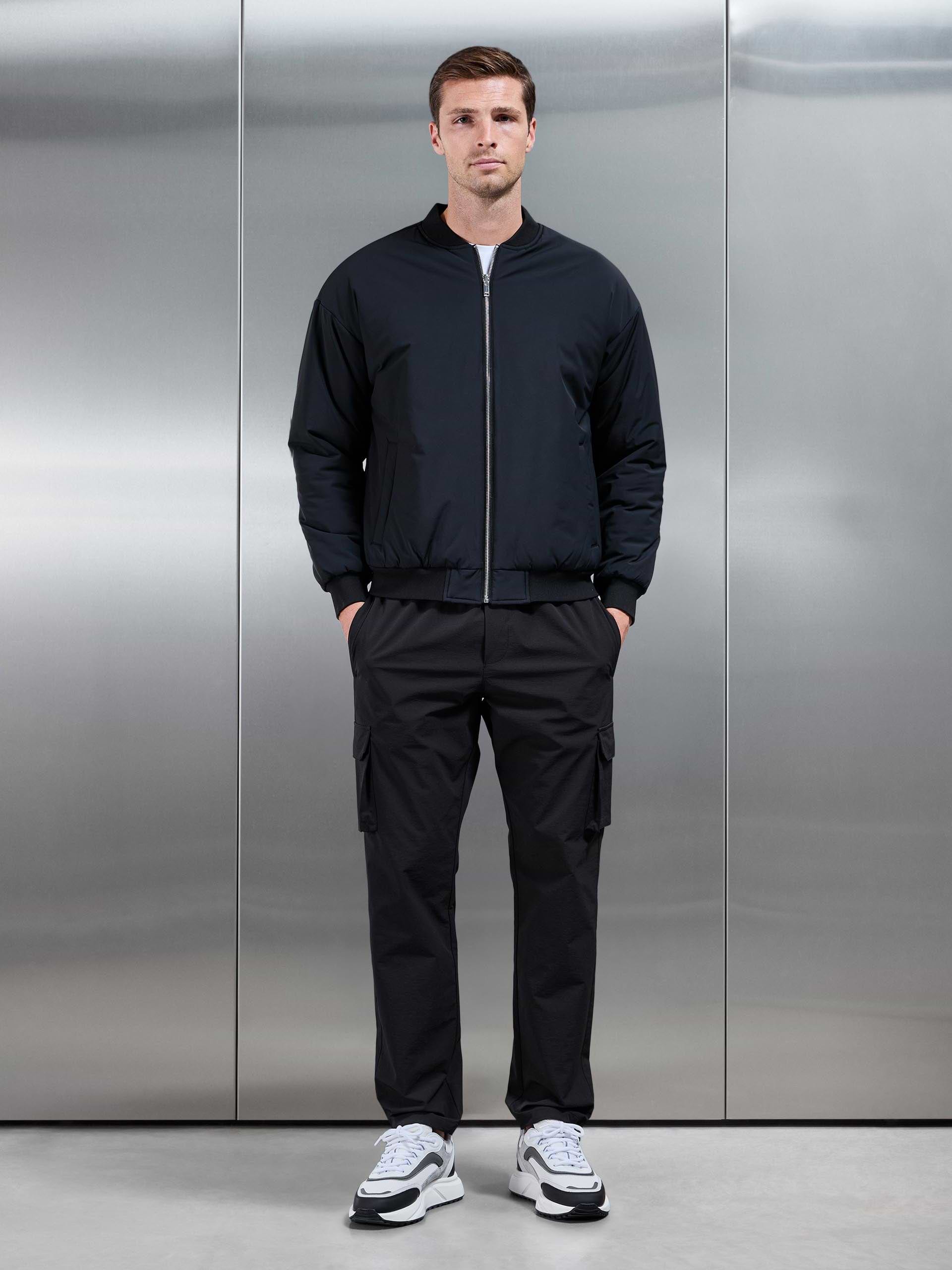 Relaxed Padded Reversible Bomber Jacket in Black Grey