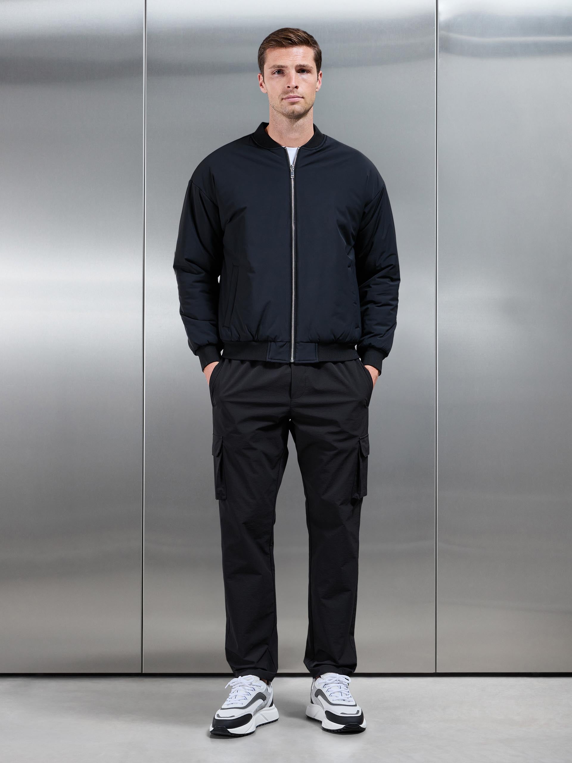 Mens Relaxed Padded Reversible Bomber Jacket in Black Grey