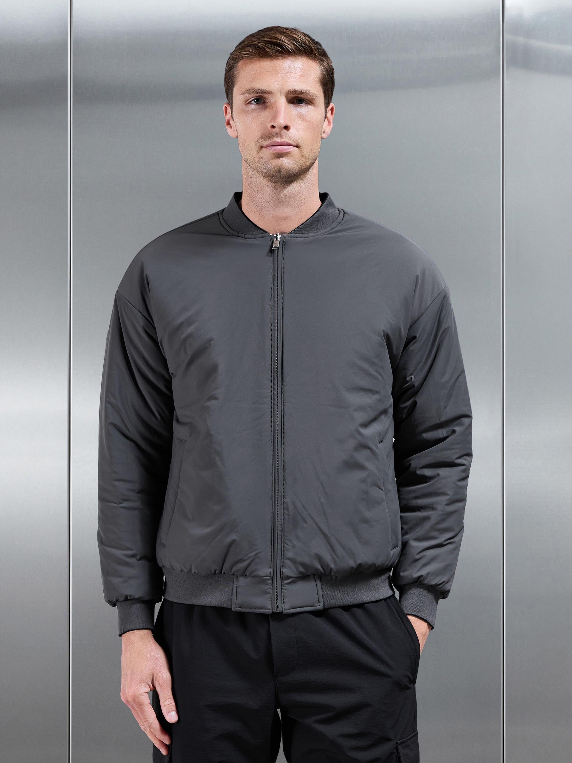 Mens Relaxed Padded Reversible Bomber Jacket in Black Grey