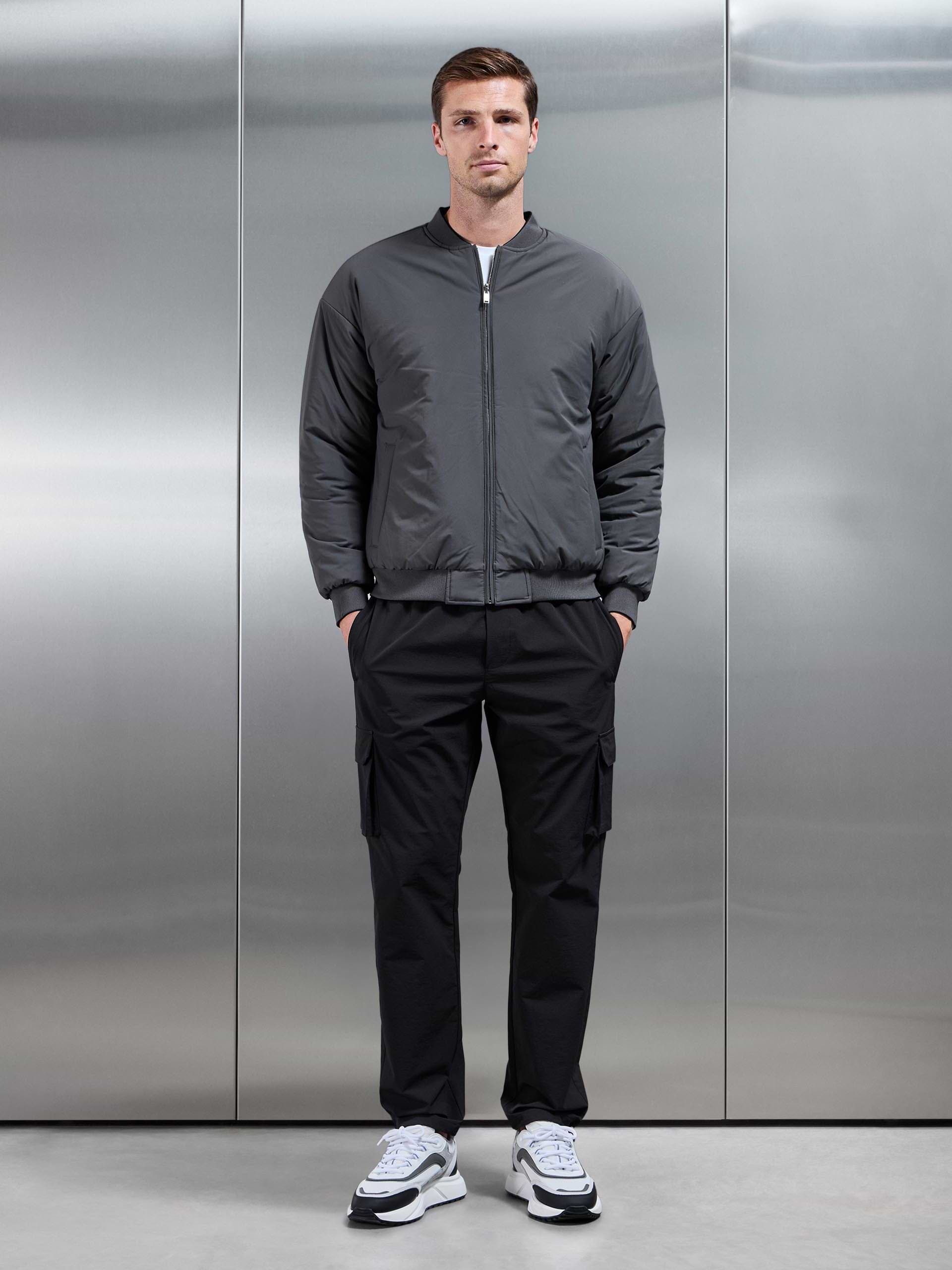 Relaxed Padded Reversible Bomber Jacket in Black Grey
