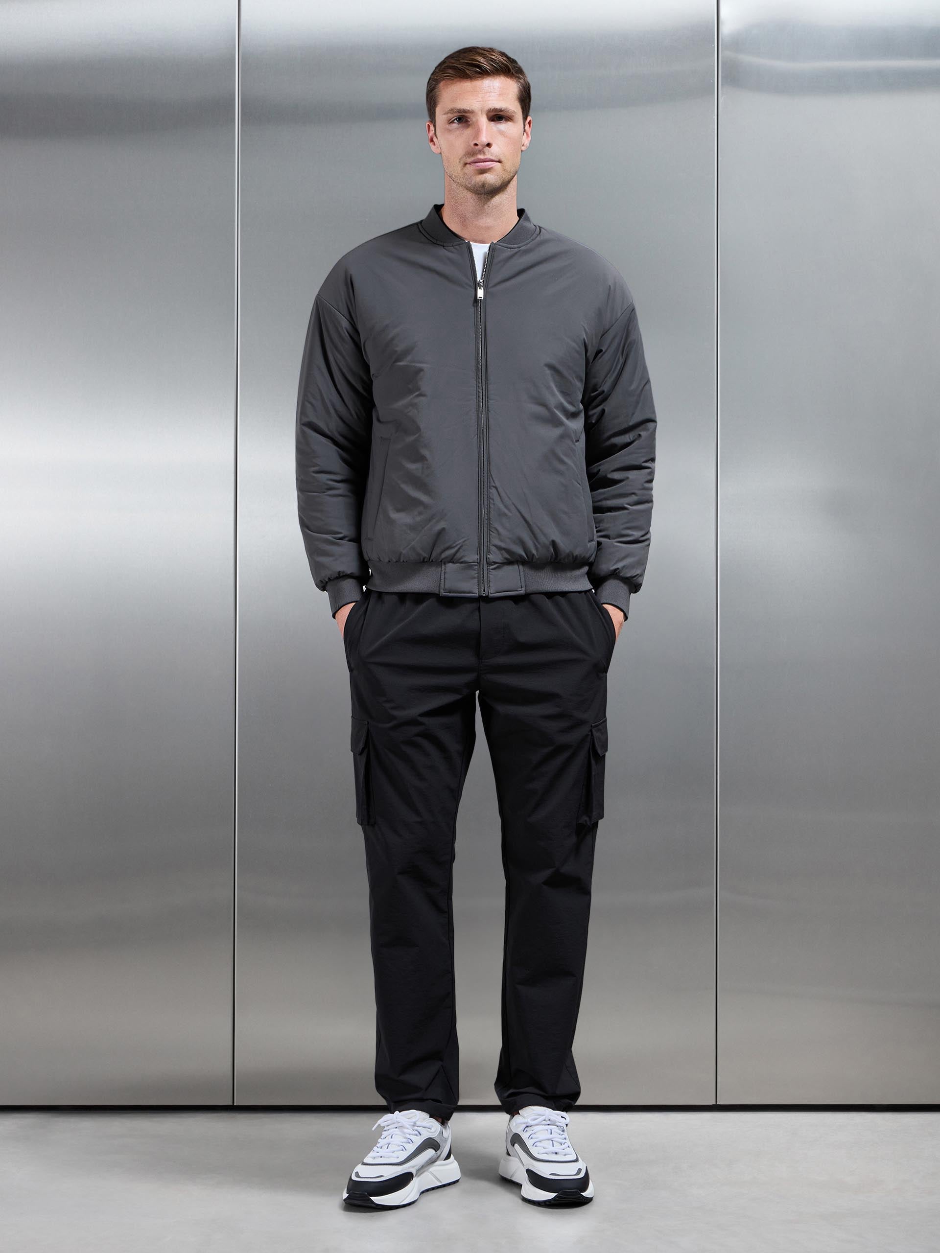 Mens Relaxed Padded Reversible Bomber Jacket in Black Grey