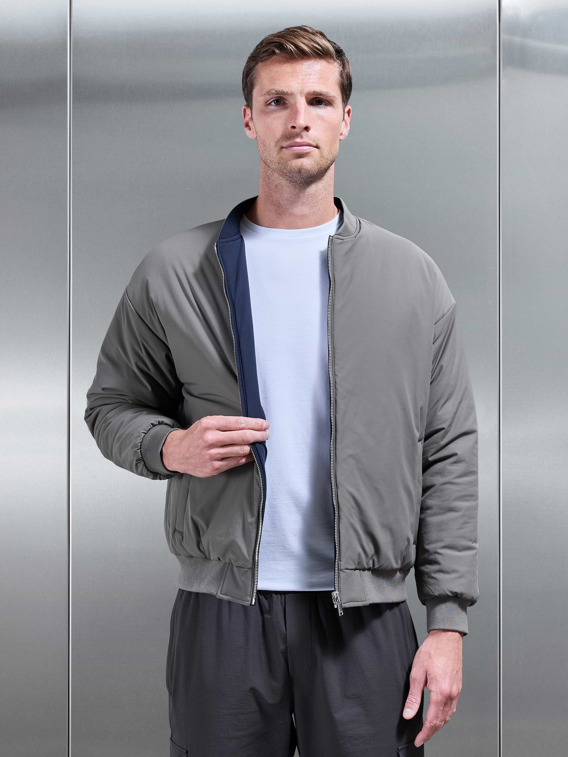 Relaxed Padded Reversible Bomber Jacket in Olive Navy