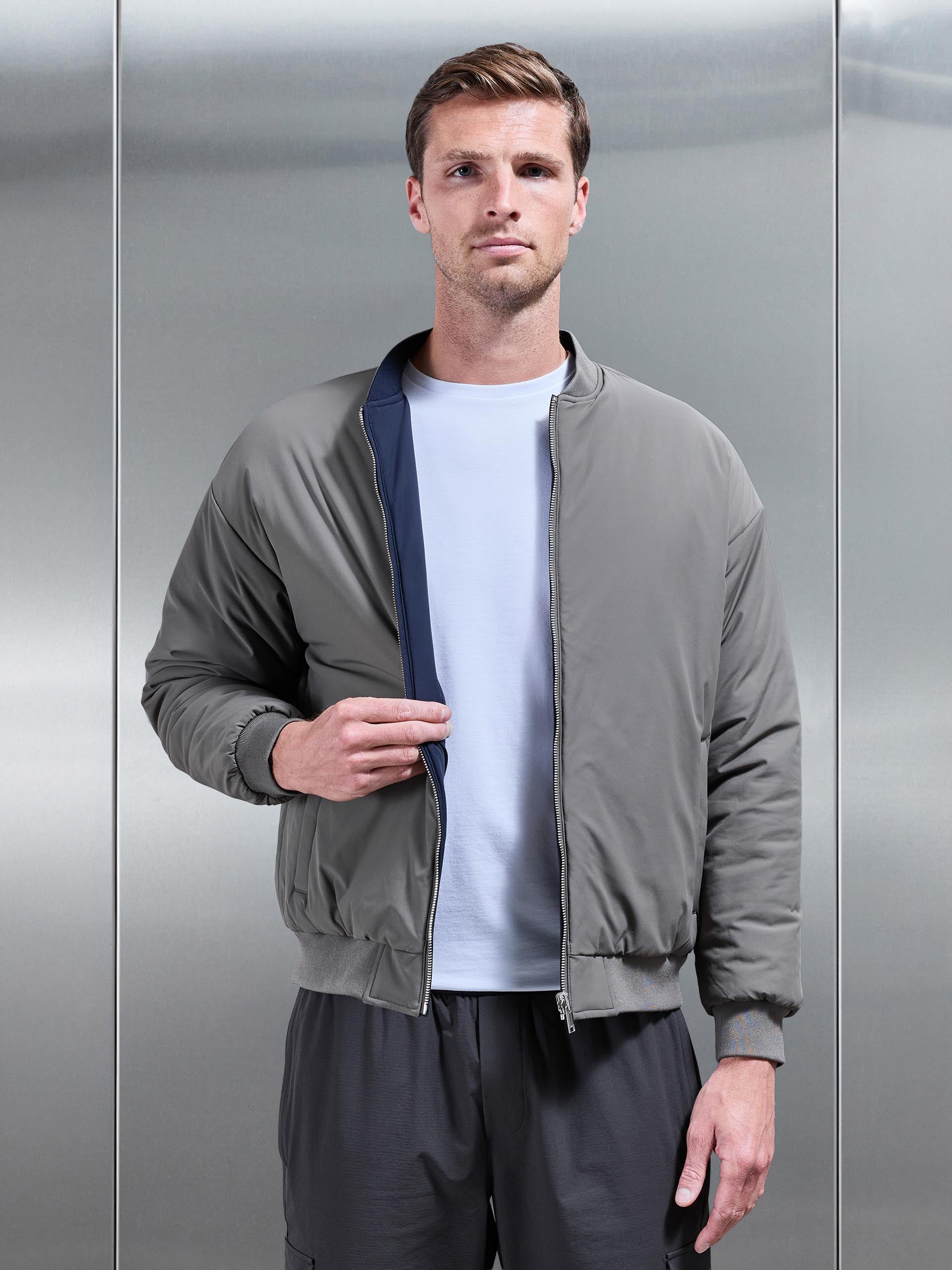 Mens Relaxed Padded Reversible Bomber Jacket in Olive Navy