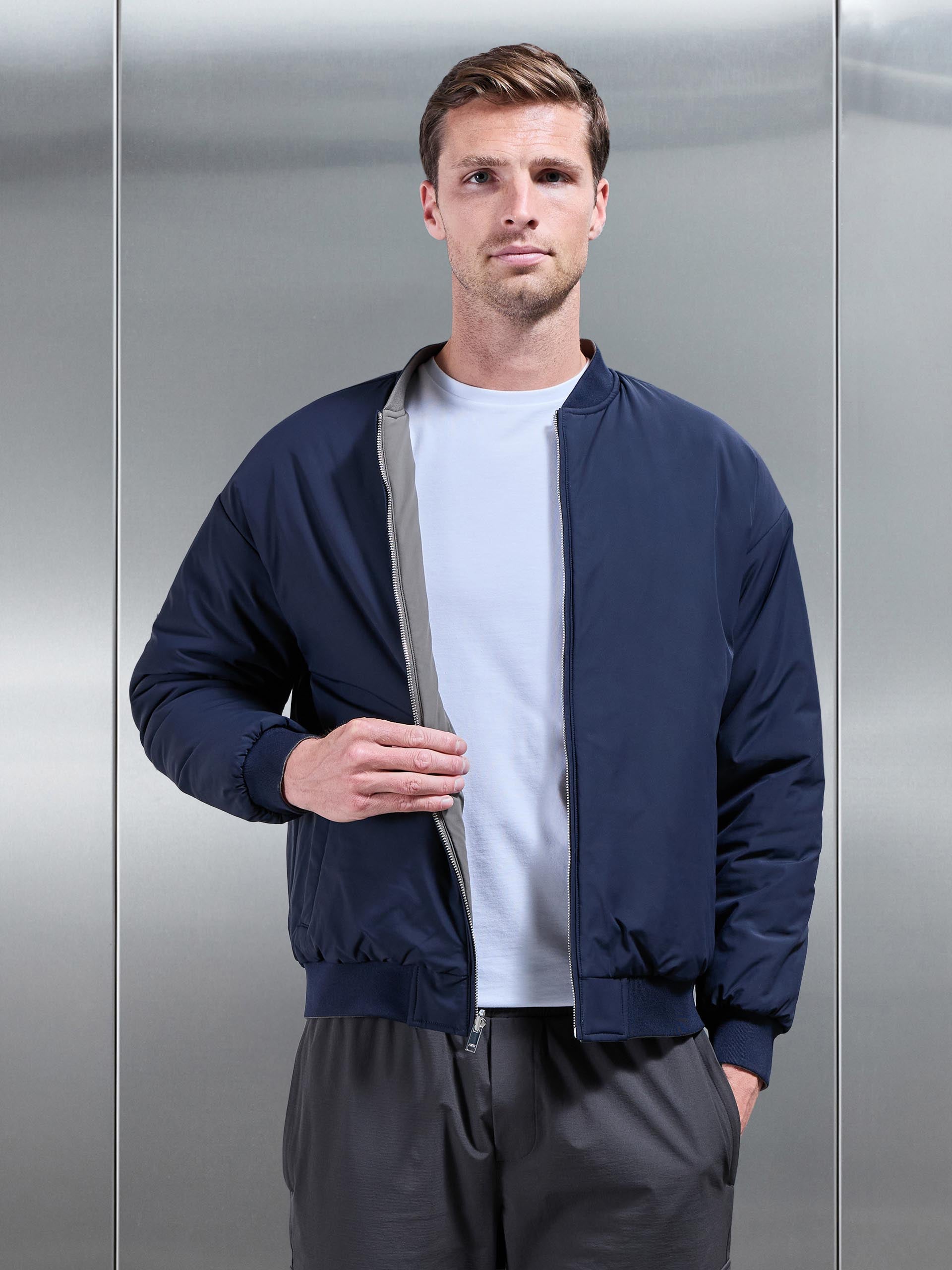 Mens Relaxed Padded Reversible Bomber Jacket in Olive Navy