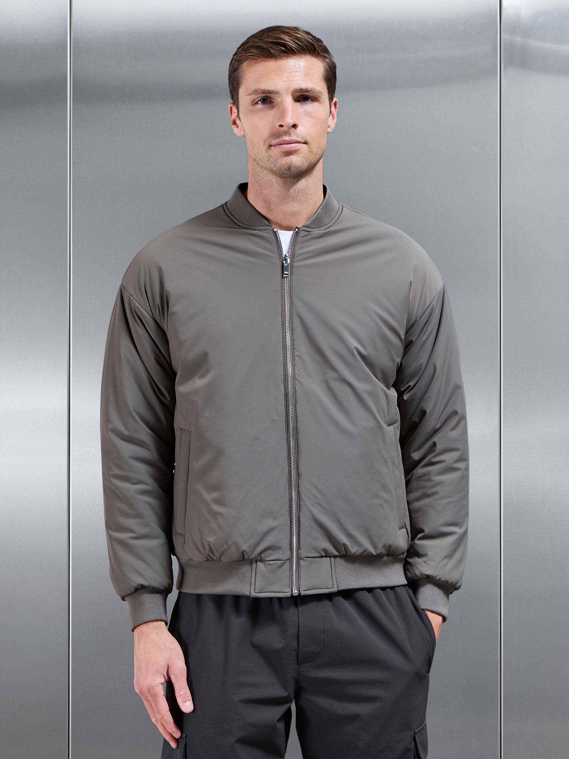 Mens Relaxed Padded Reversible Bomber Jacket in Olive Navy