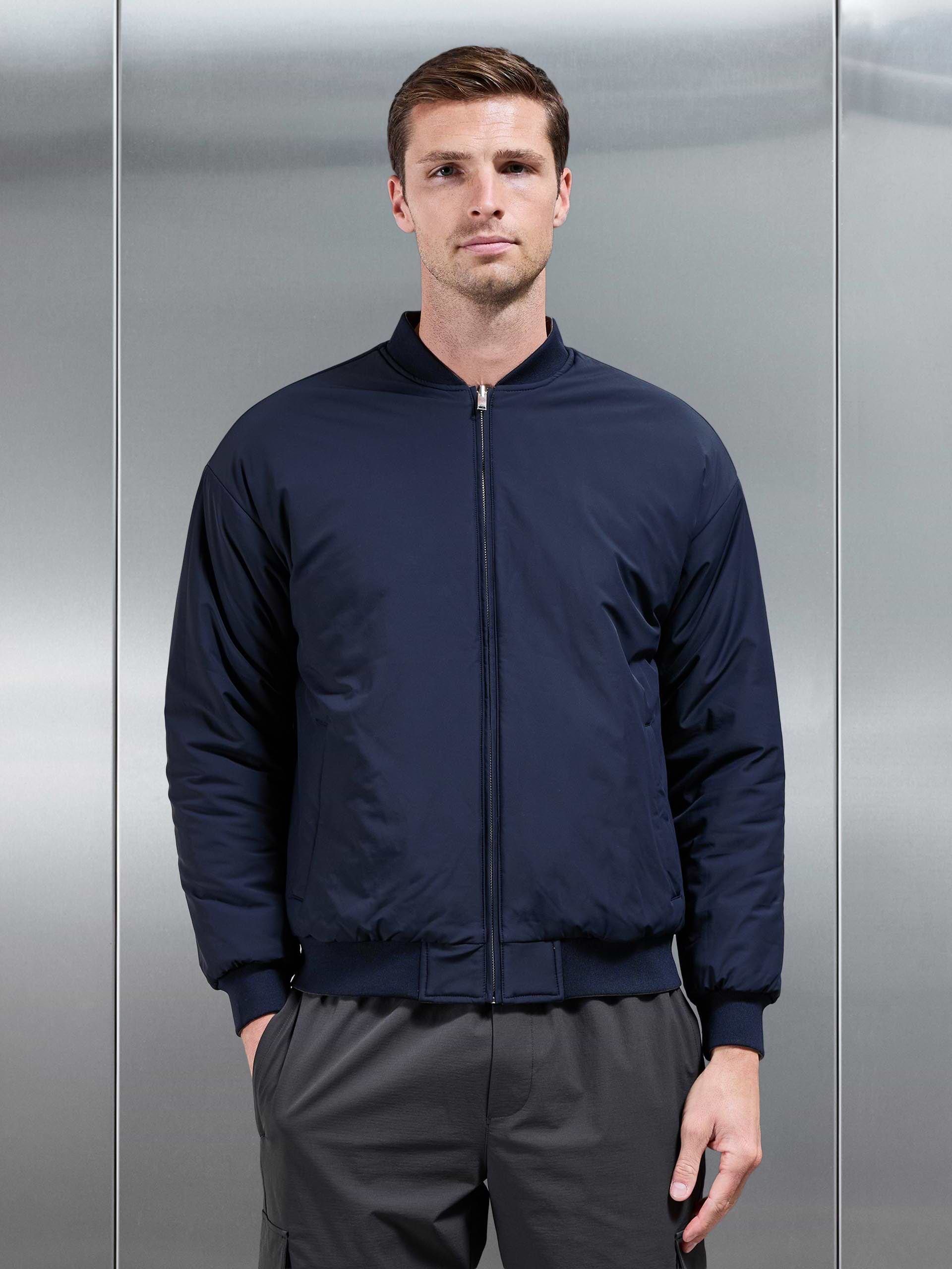 Relaxed Padded Reversible Bomber Jacket in Olive Navy
