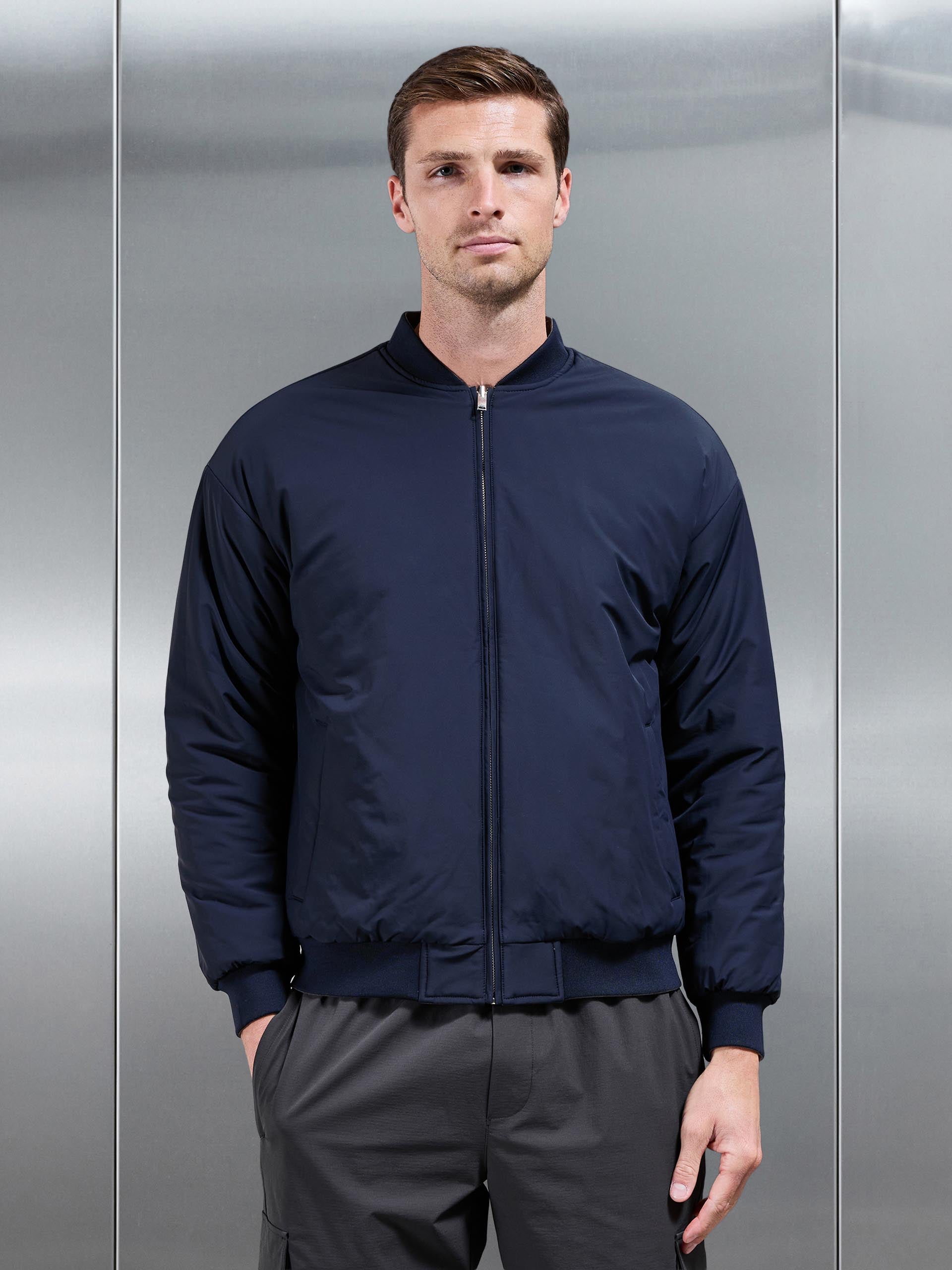 Mens Relaxed Padded Reversible Bomber Jacket in Olive Navy