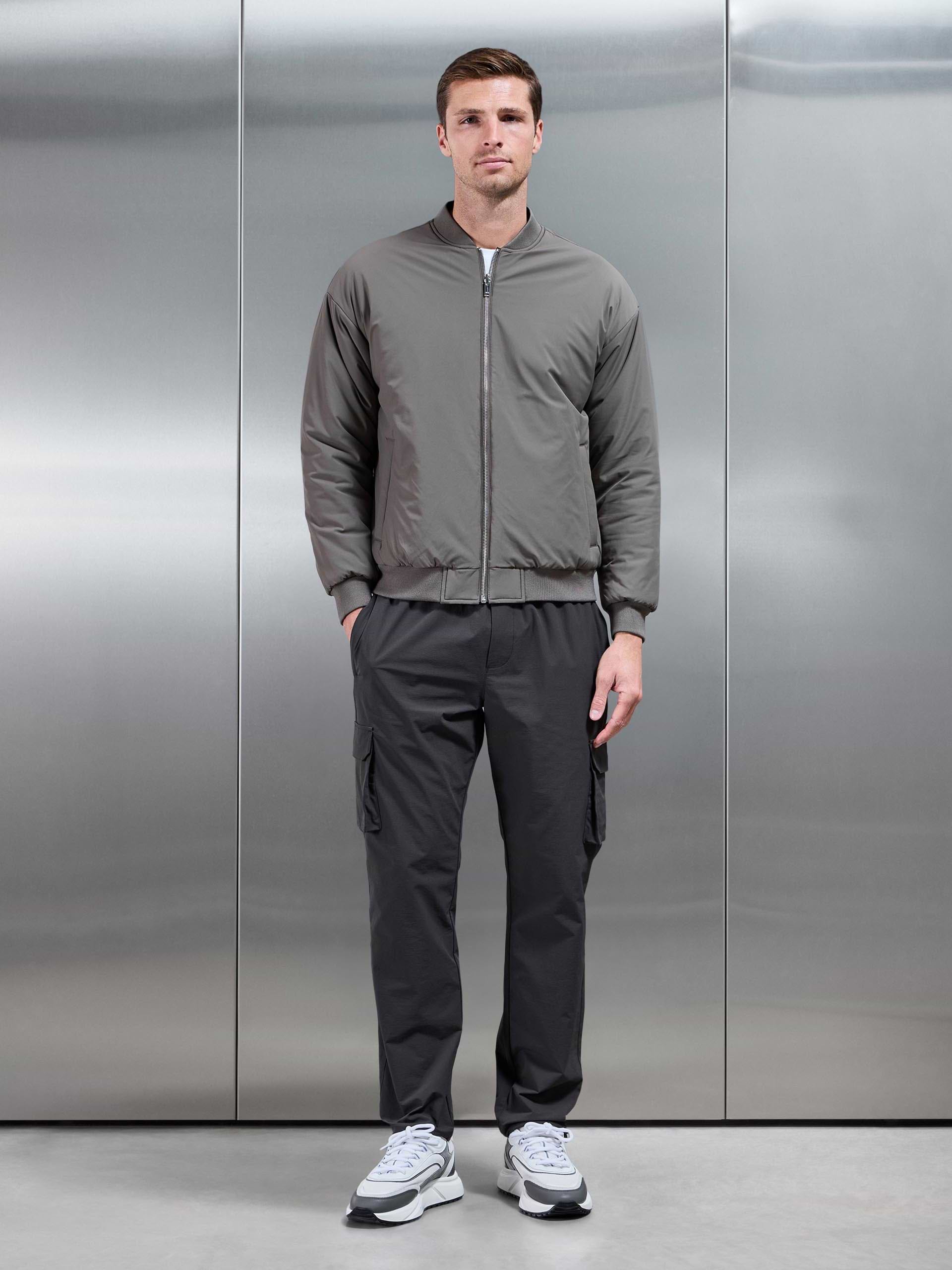 Relaxed Padded Reversible Bomber Jacket in Olive Navy