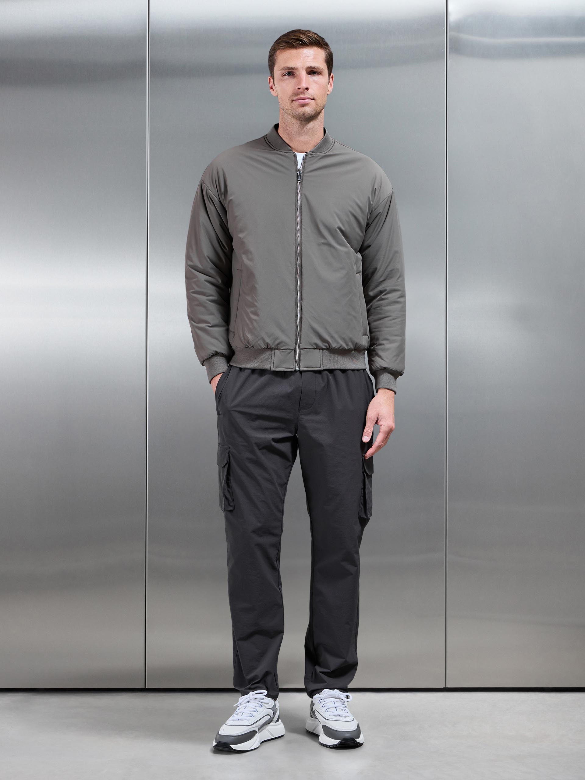 Mens Relaxed Padded Reversible Bomber Jacket in Olive Navy