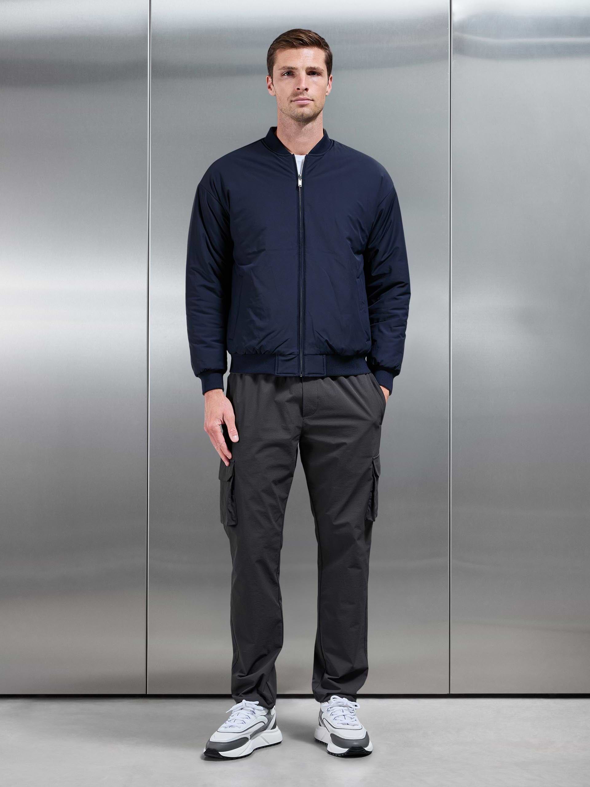 Relaxed Padded Reversible Bomber Jacket in Olive Navy