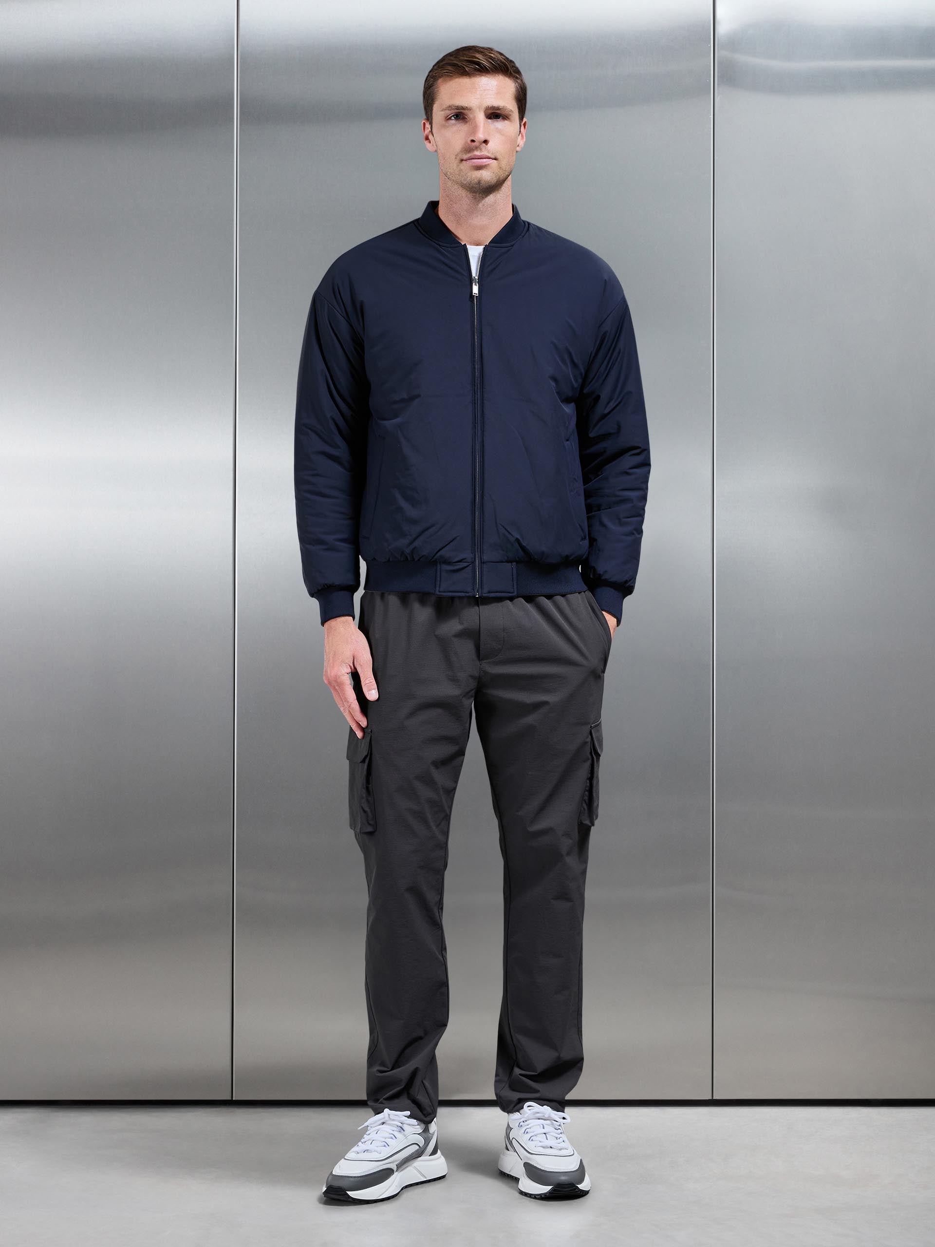 Mens Relaxed Padded Reversible Bomber Jacket in Olive Navy