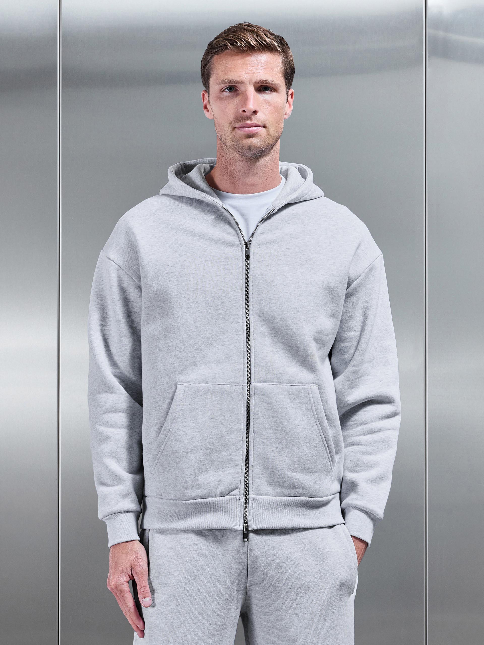Mens Relaxed Zip Through Hoodie in Marl Grey