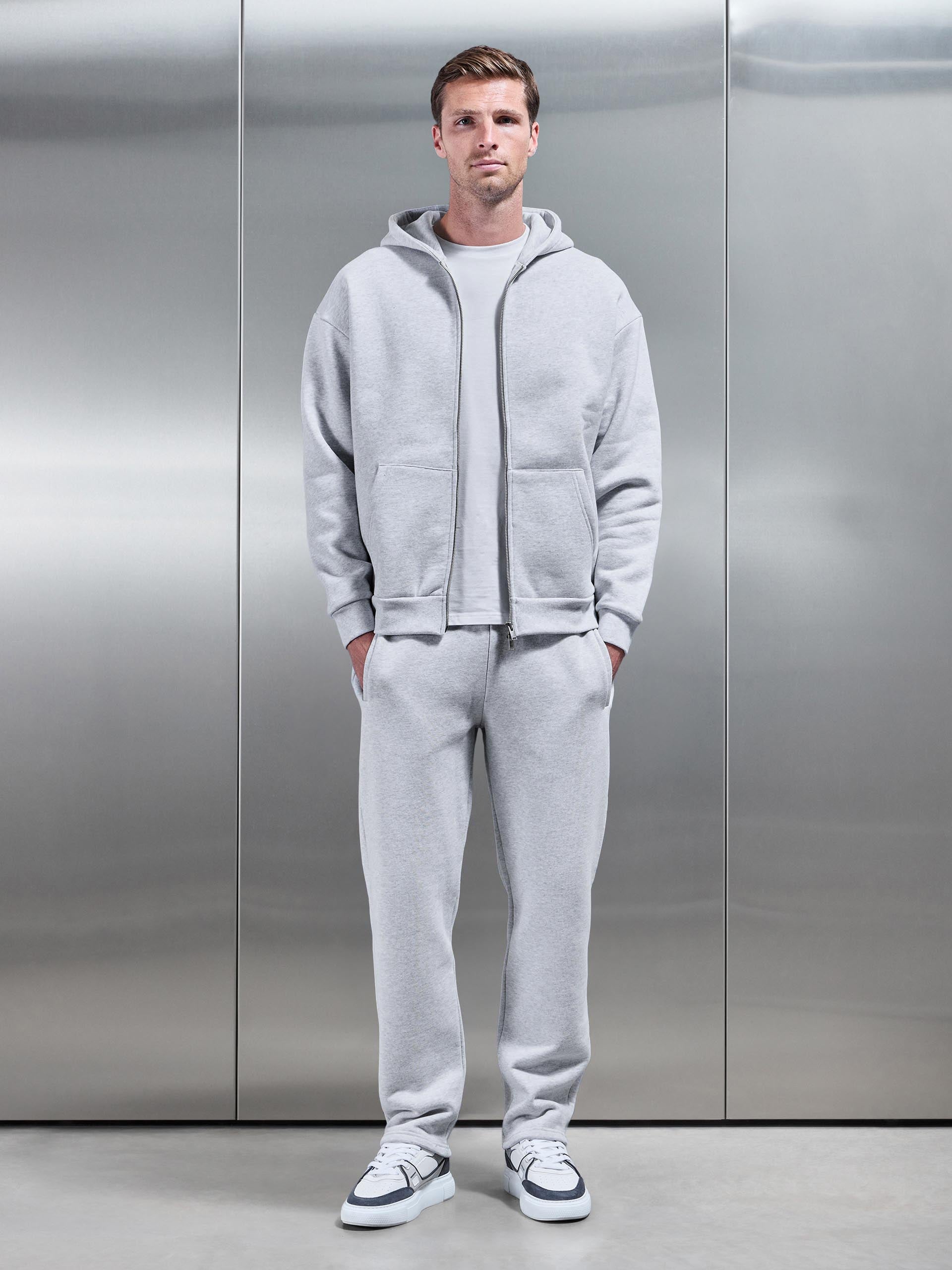 Mens Relaxed Zip Through Hoodie in Marl Grey