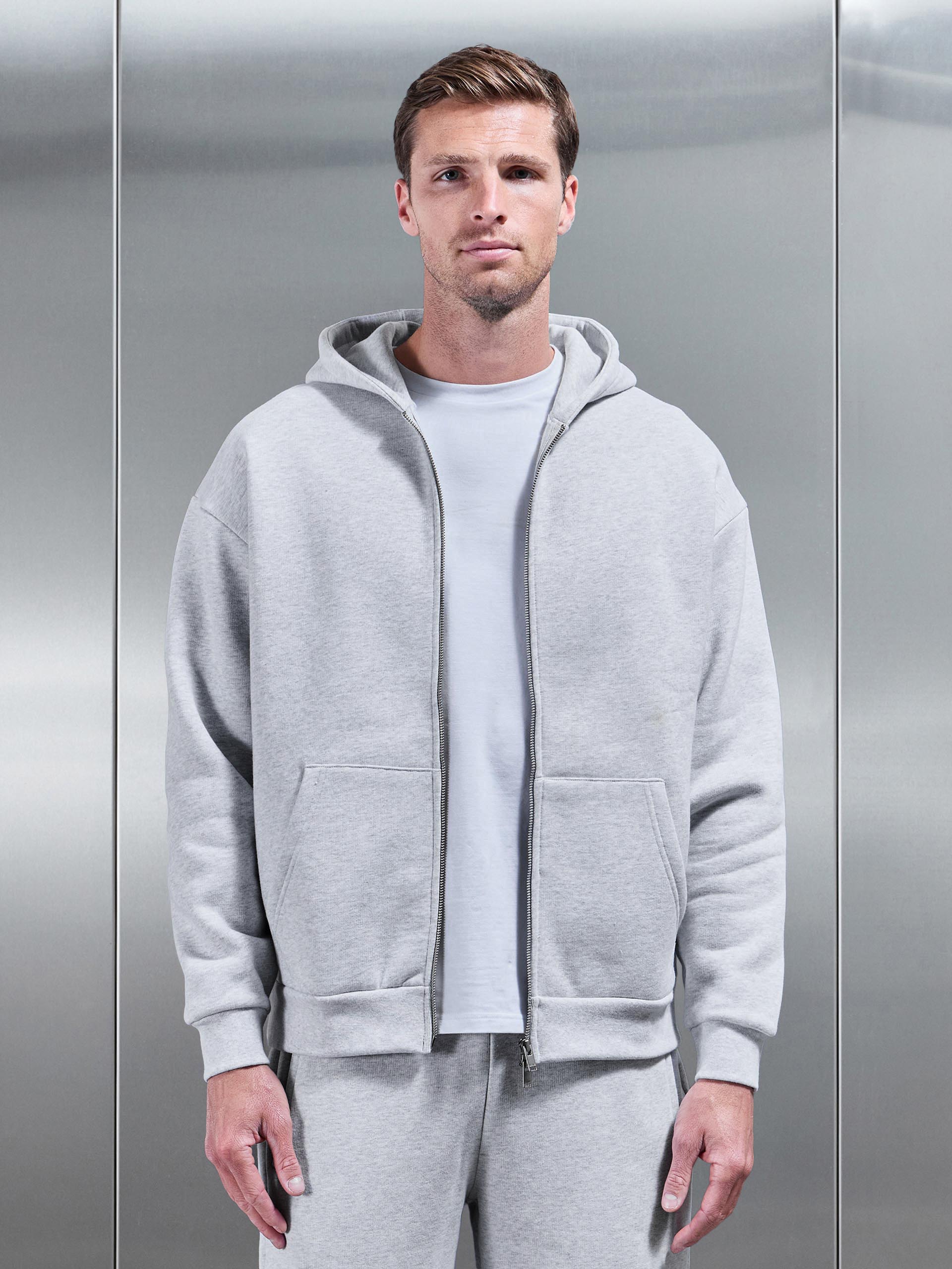 Mens Relaxed Zip Through Hoodie in Marl Grey