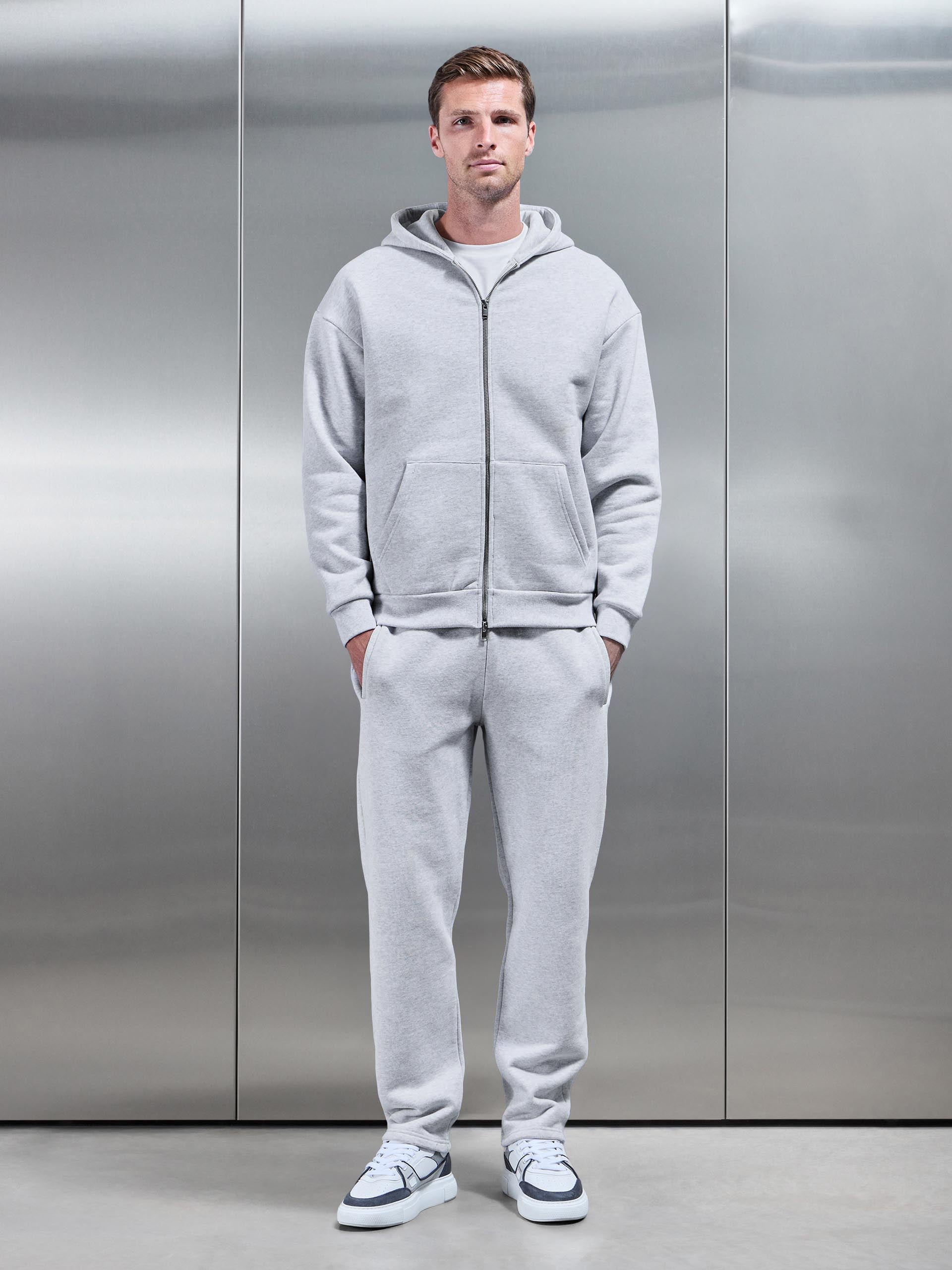 Mens Relaxed Zip Through Hoodie in Marl Grey