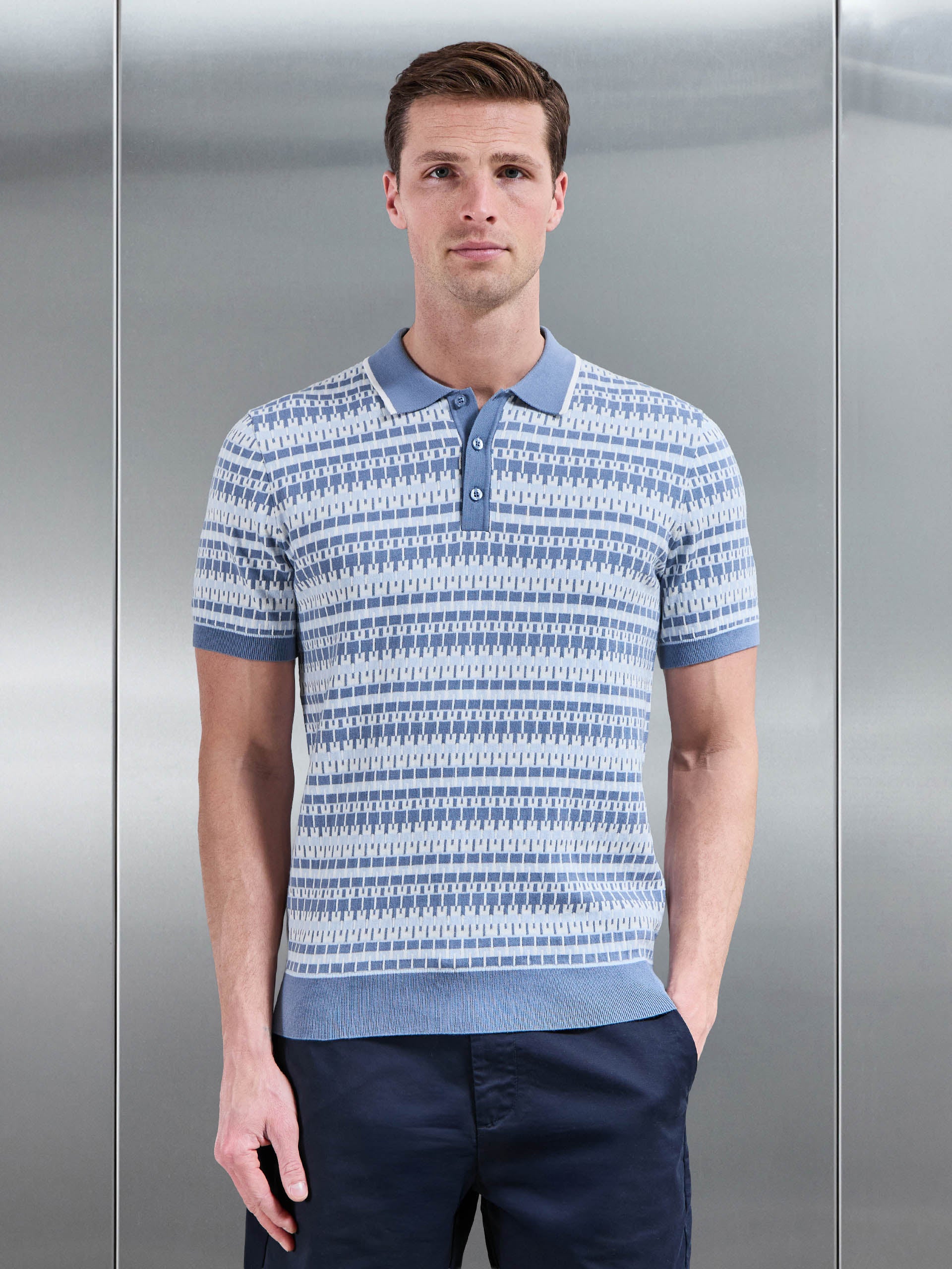 Mens Roma Knitted Button Polo Shirt in Steel Blue