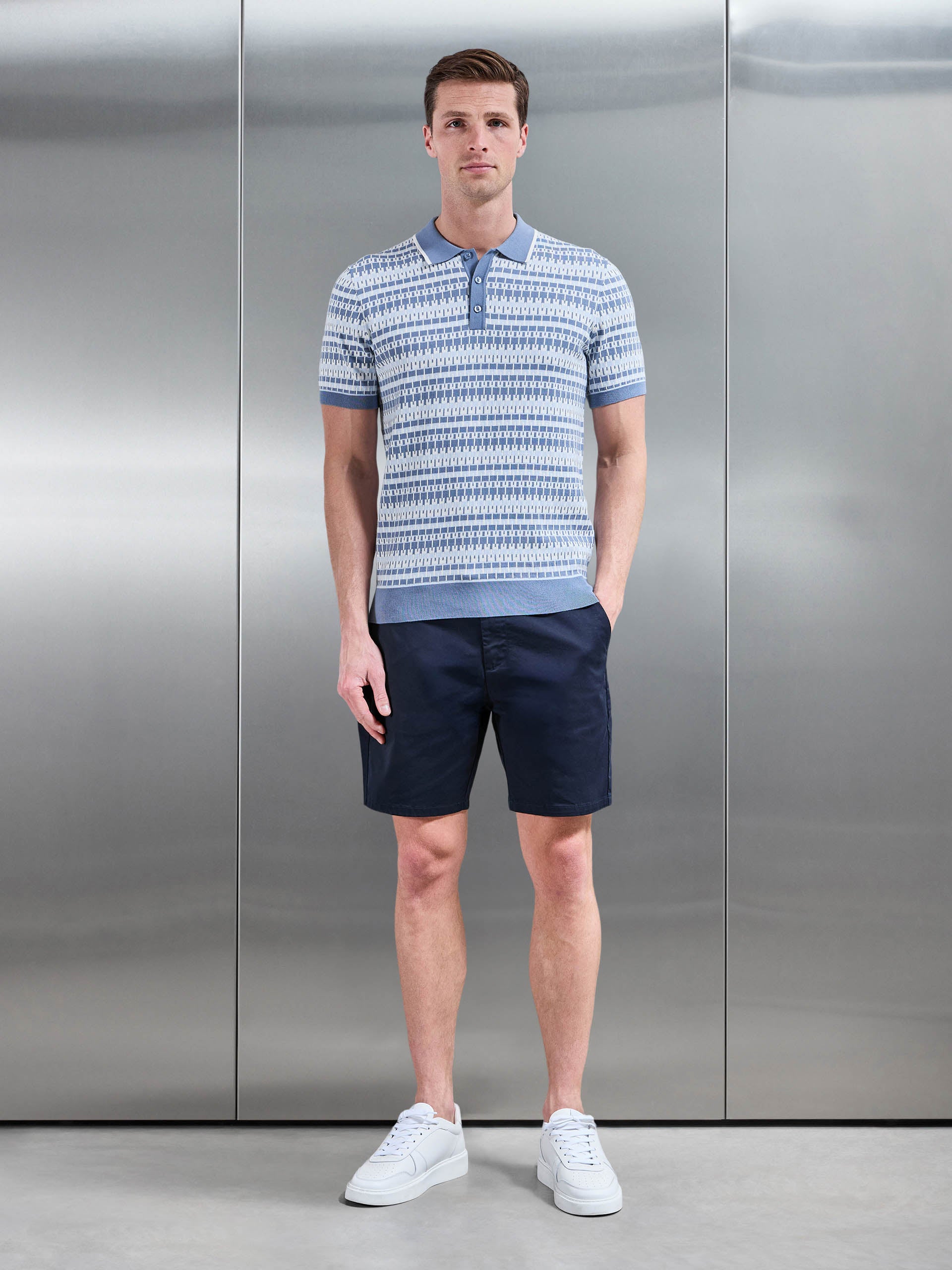 Mens Roma Knitted Button Polo Shirt in Steel Blue
