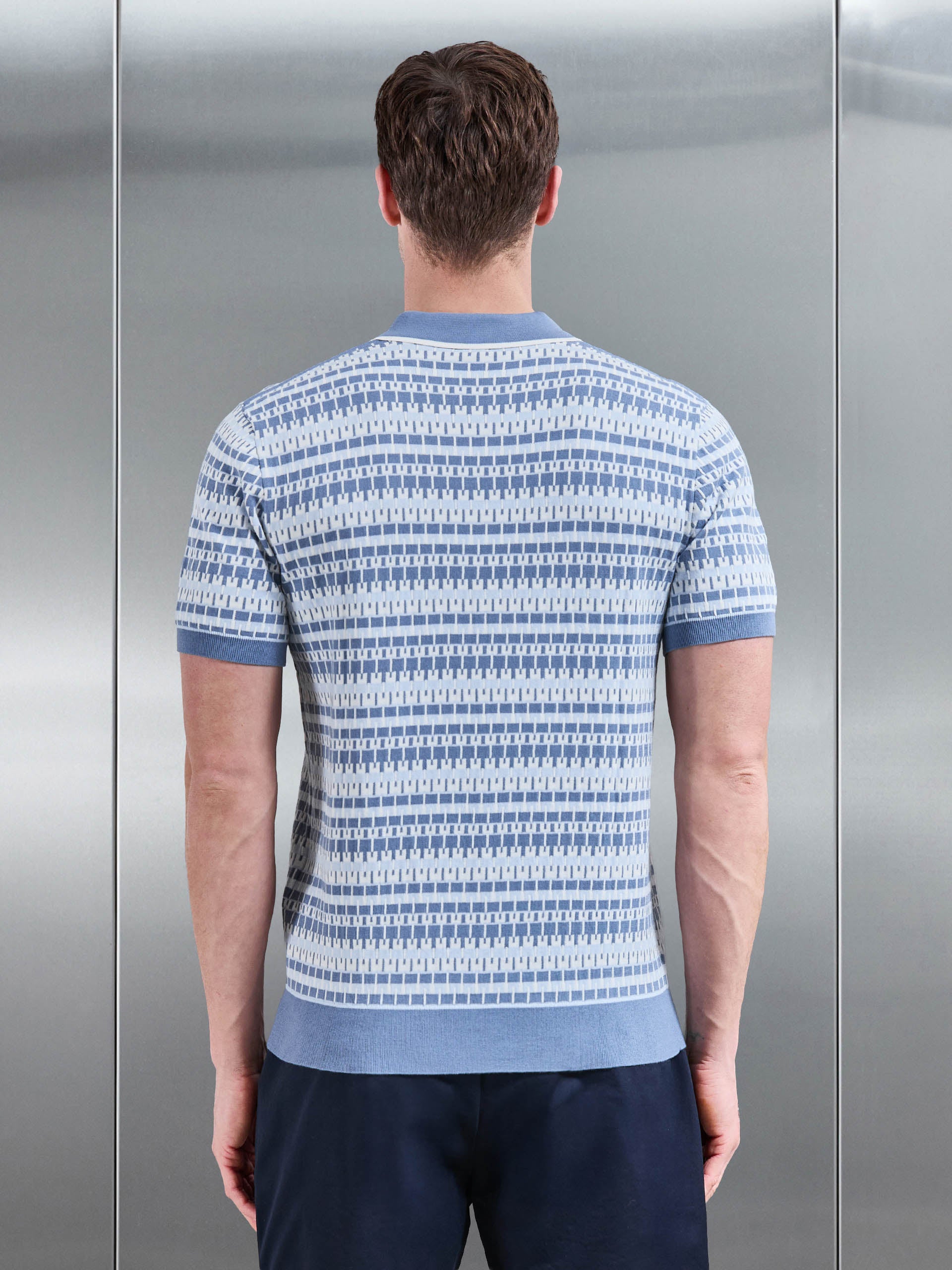 Mens Roma Knitted Button Polo Shirt in Steel Blue