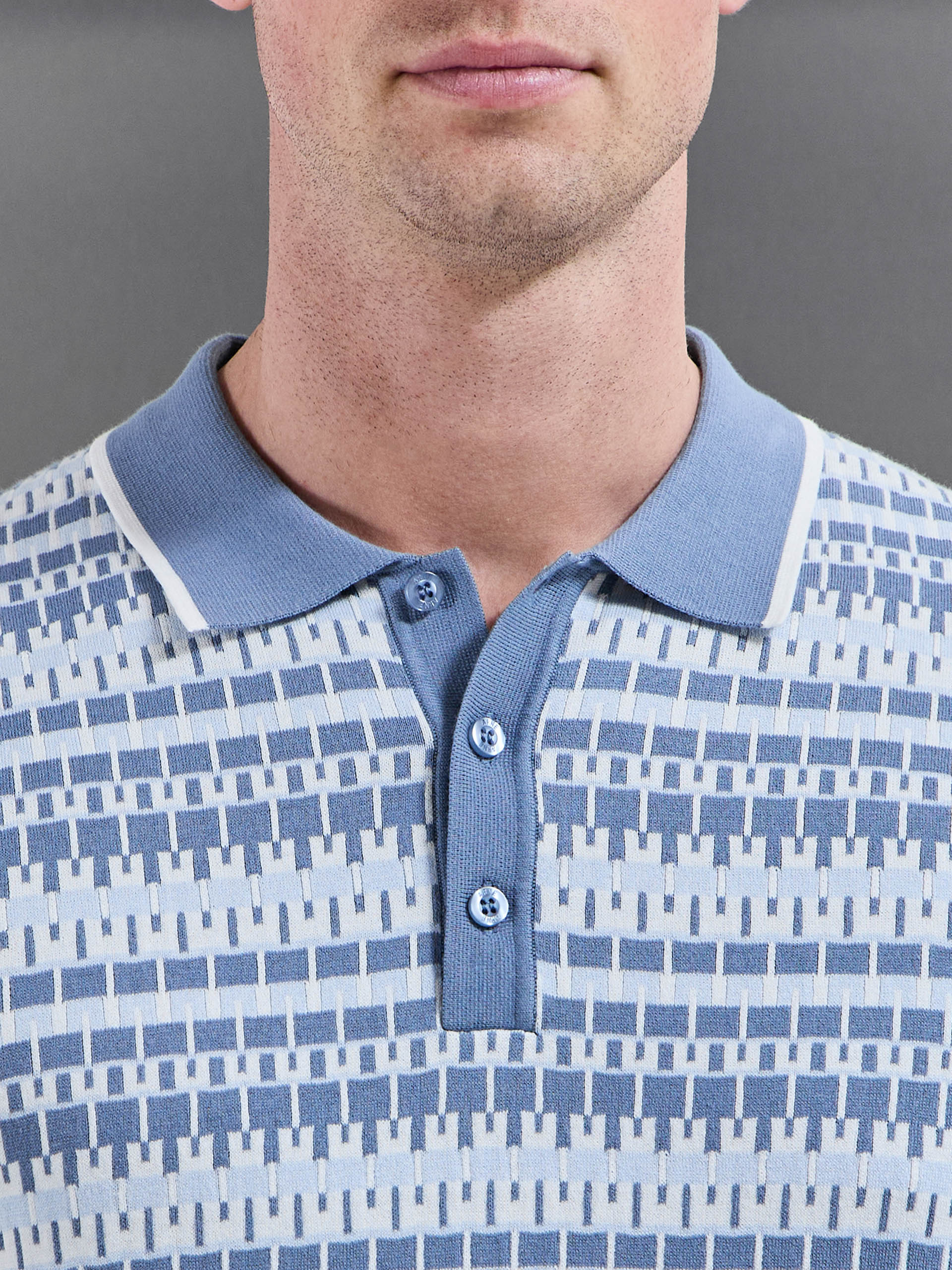 Mens Roma Knitted Button Polo Shirt in Steel Blue