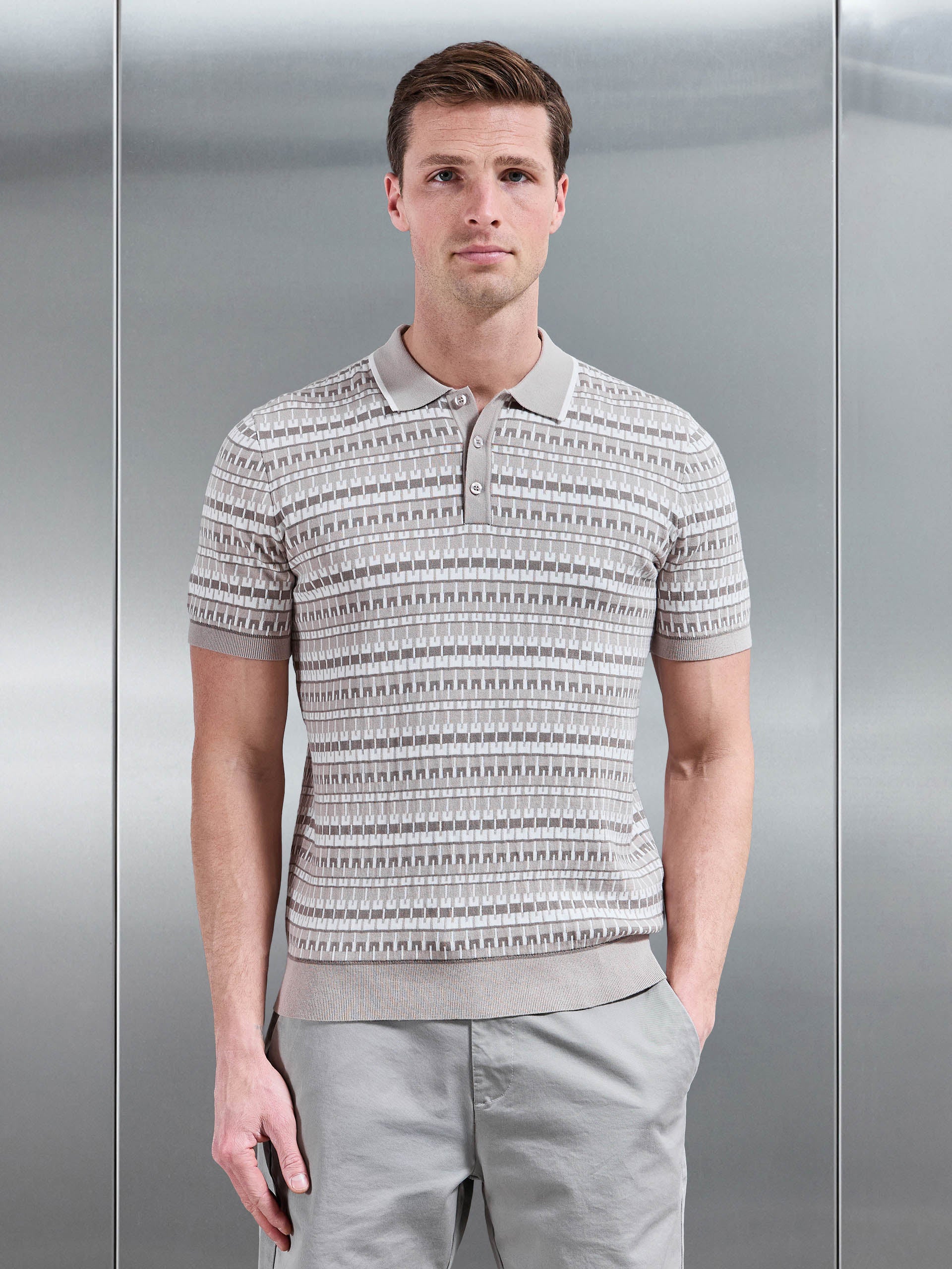 Mens Roma Knitted Button Polo Shirt in Stone