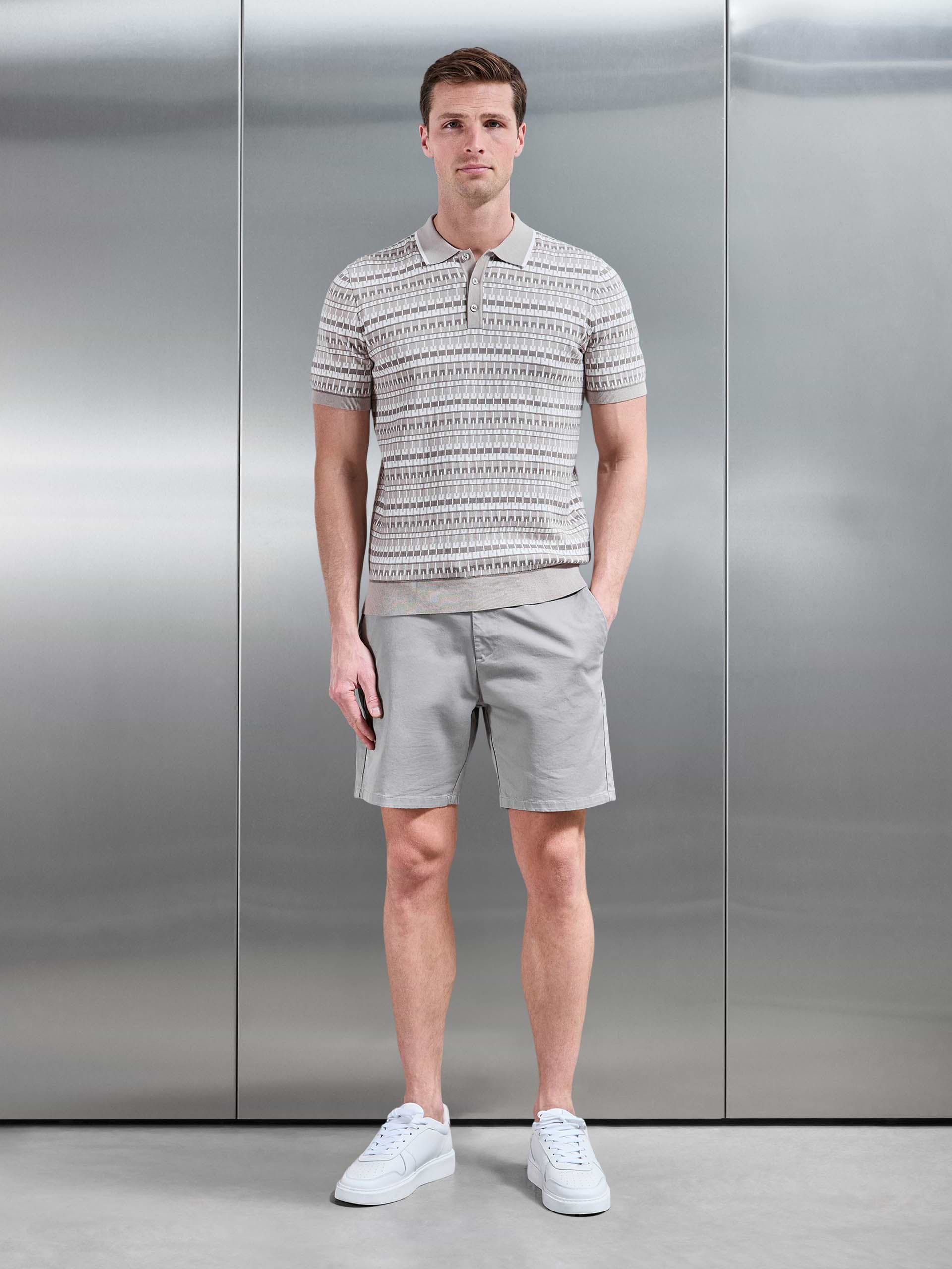 Mens Roma Knitted Button Polo Shirt in Stone