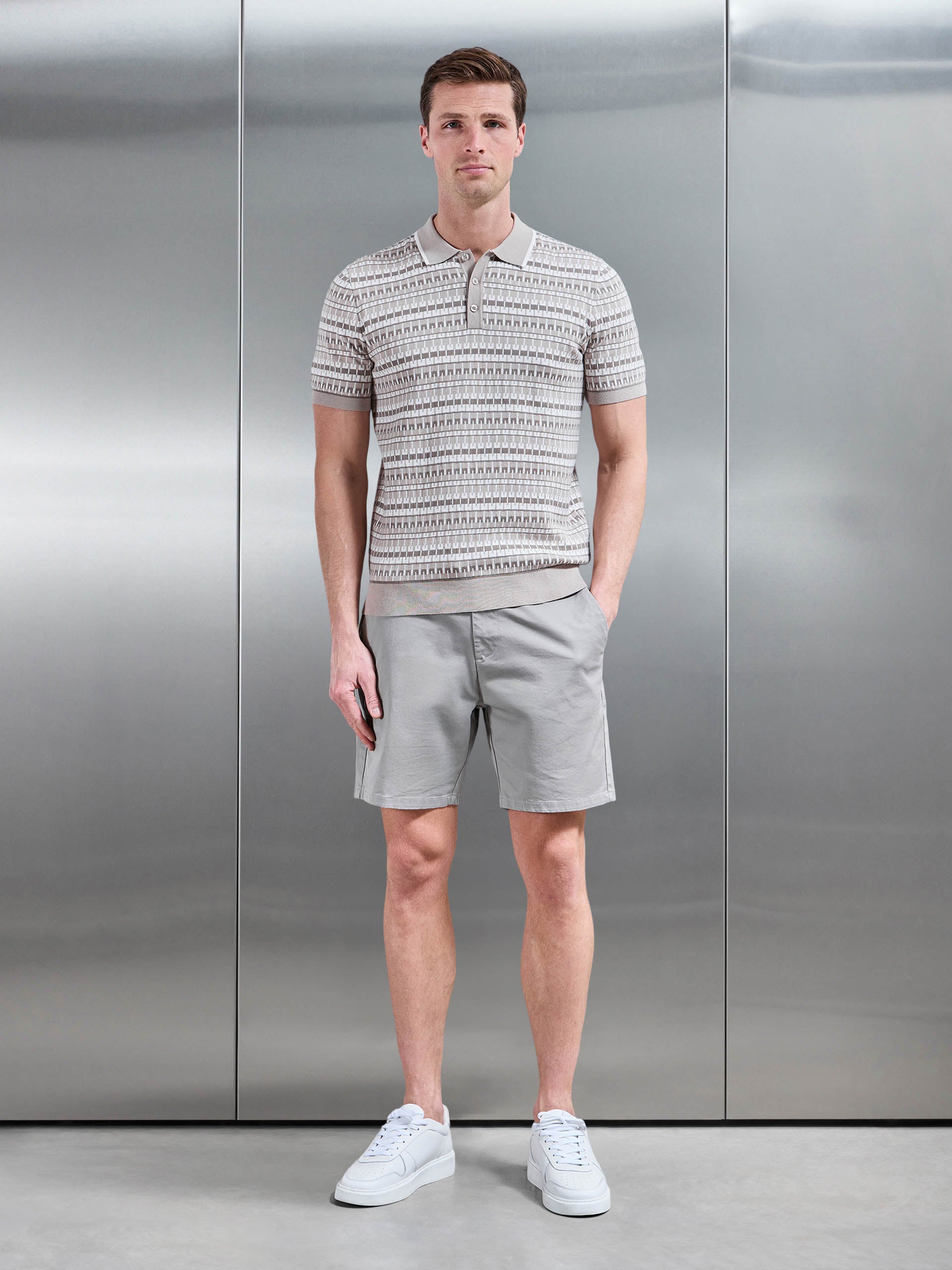 Mens Roma Knitted Button Polo Shirt in Stone