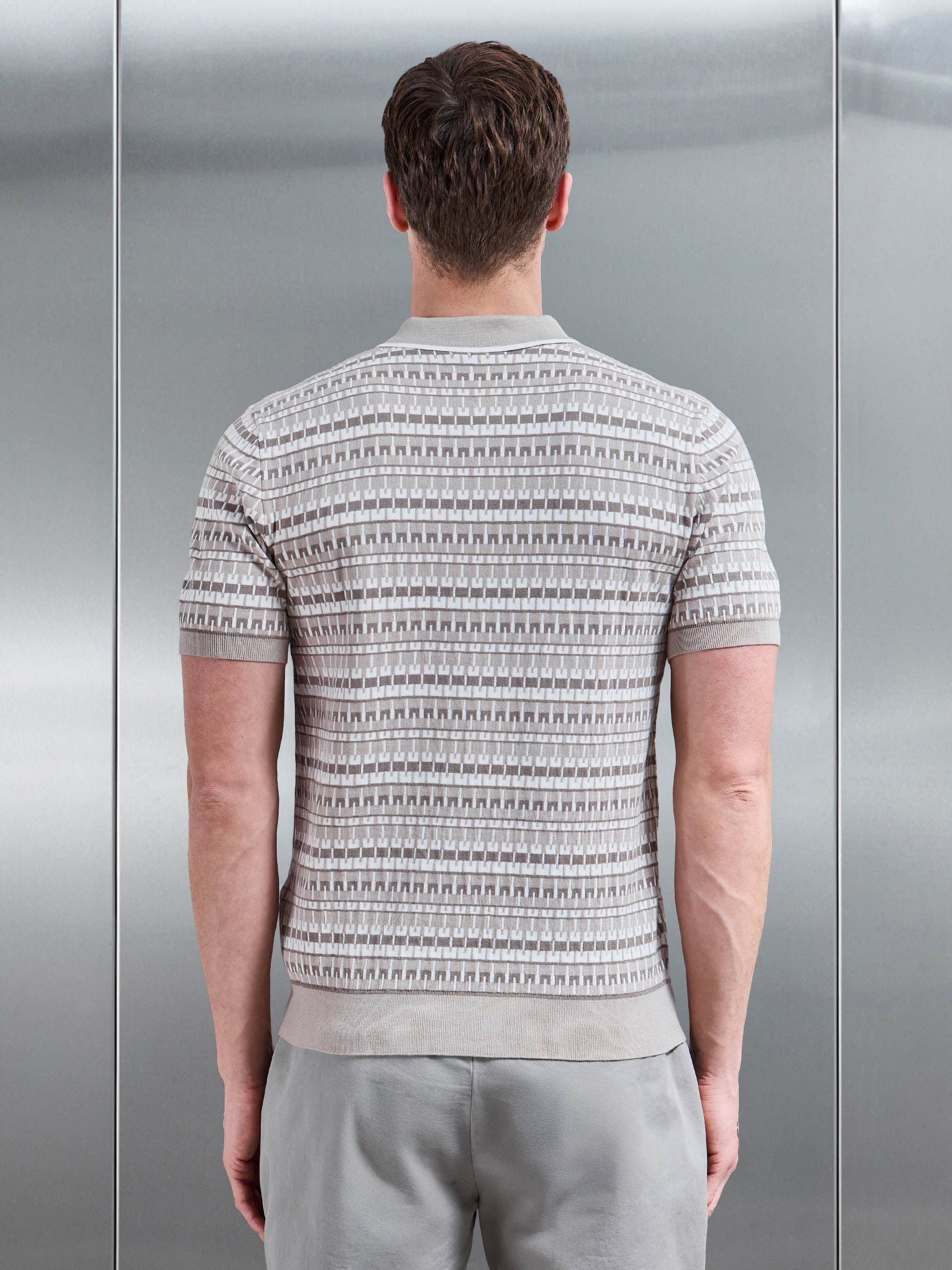 Mens Roma Knitted Button Polo Shirt in Stone