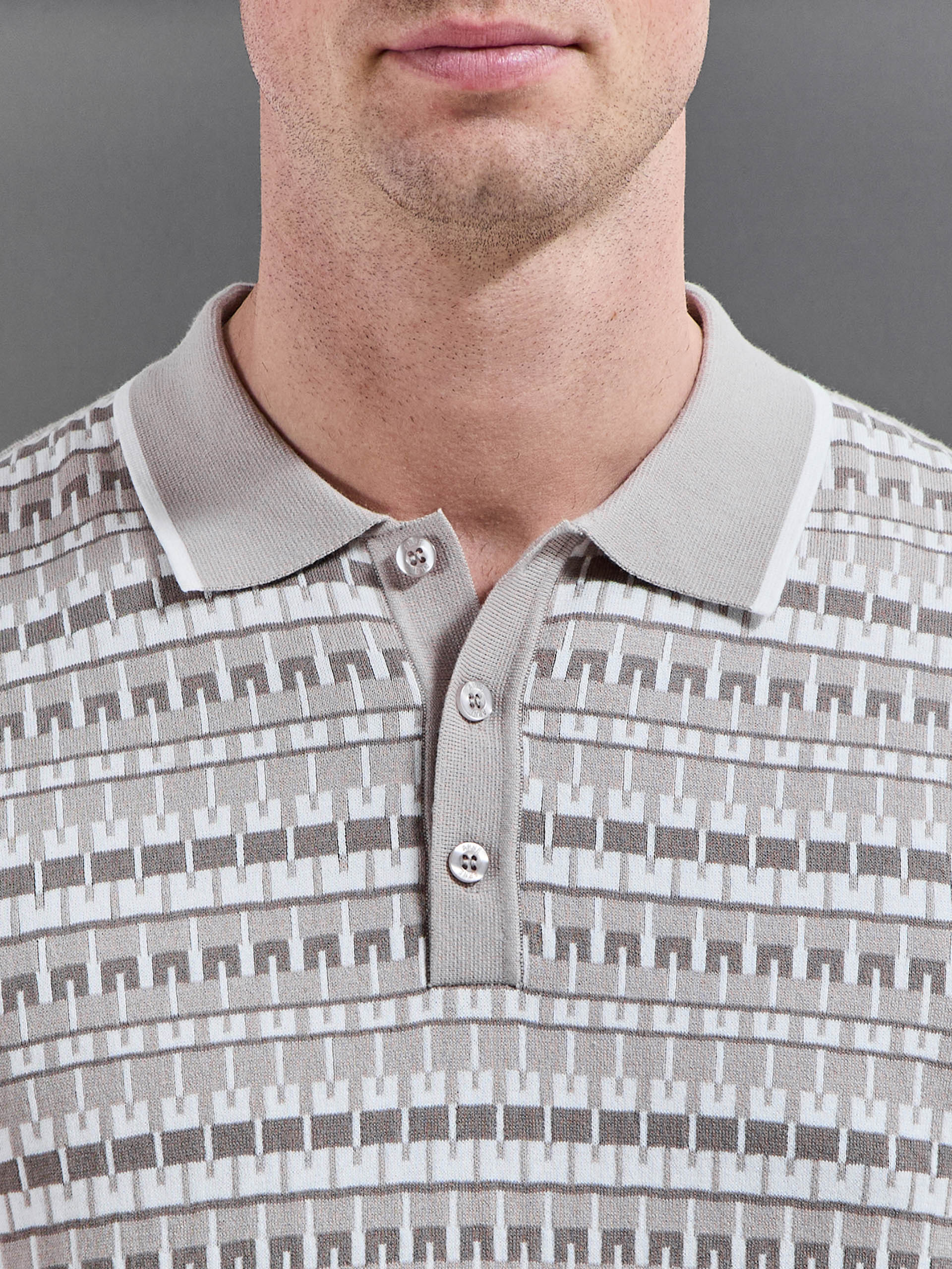 Mens Roma Knitted Button Polo Shirt in Stone