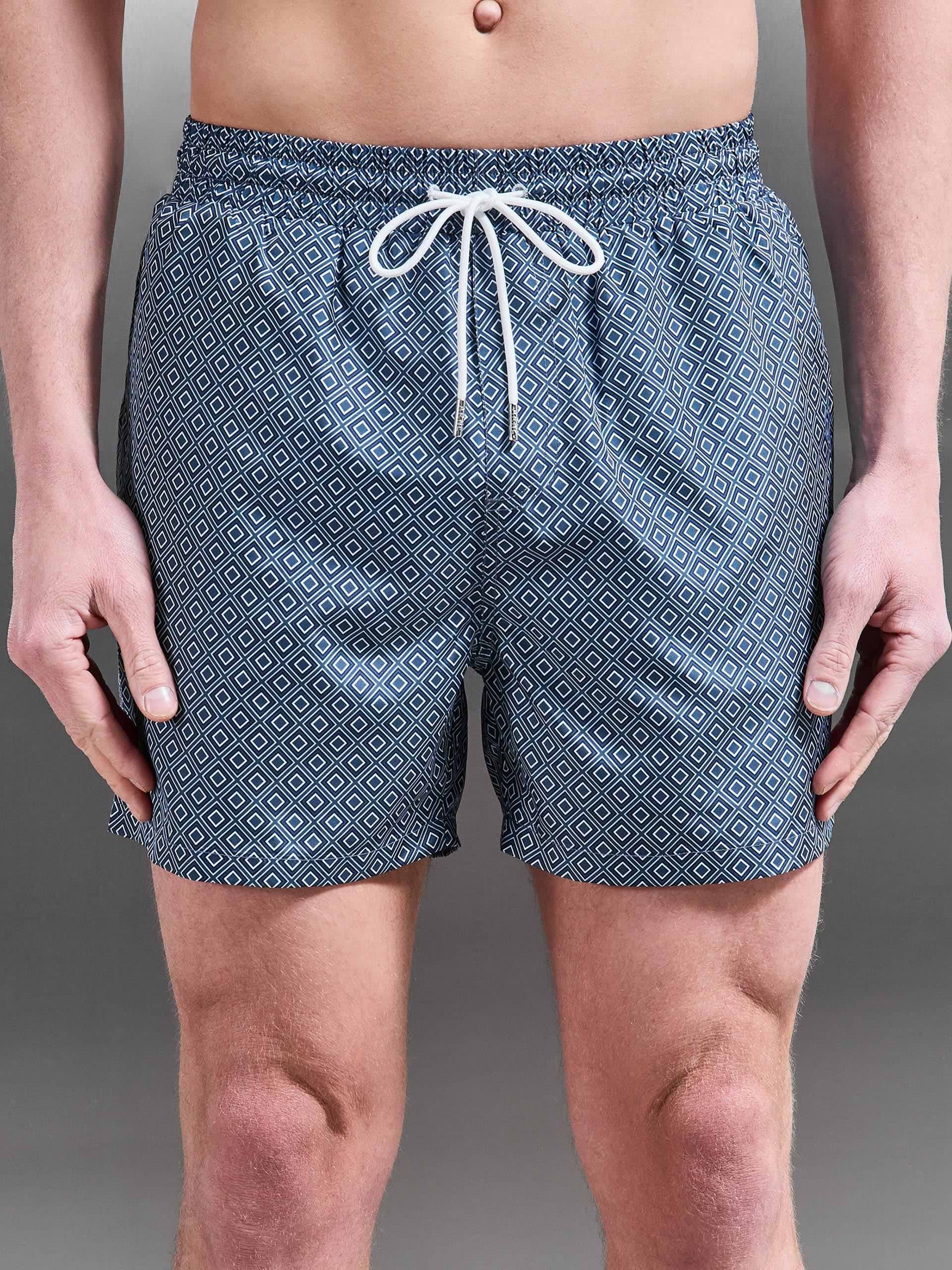 Santo Drawstring Printed Shell Swim Short in Navy