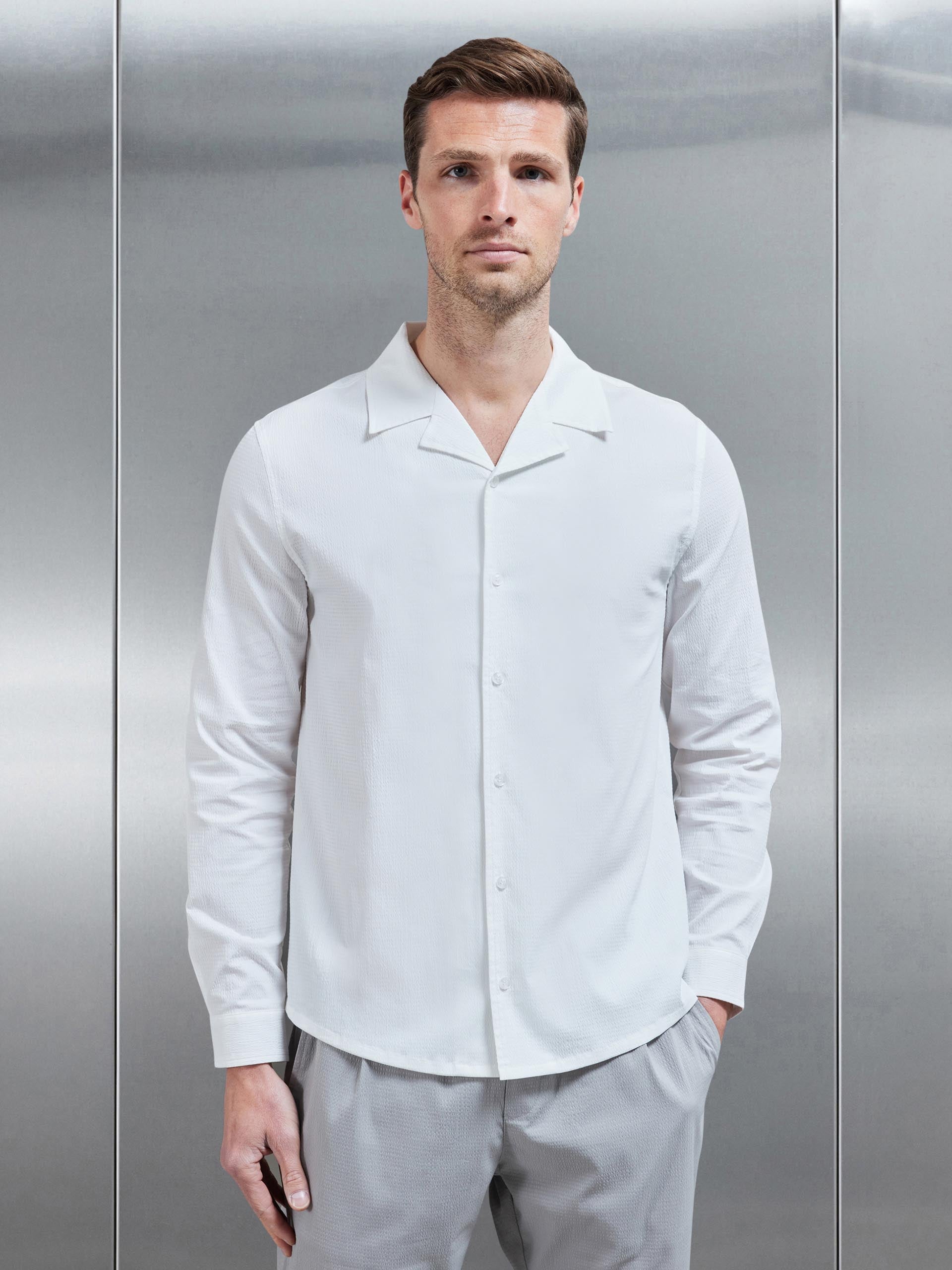Mens Seersucker Revere Collar Long Sleeve Shirt in White