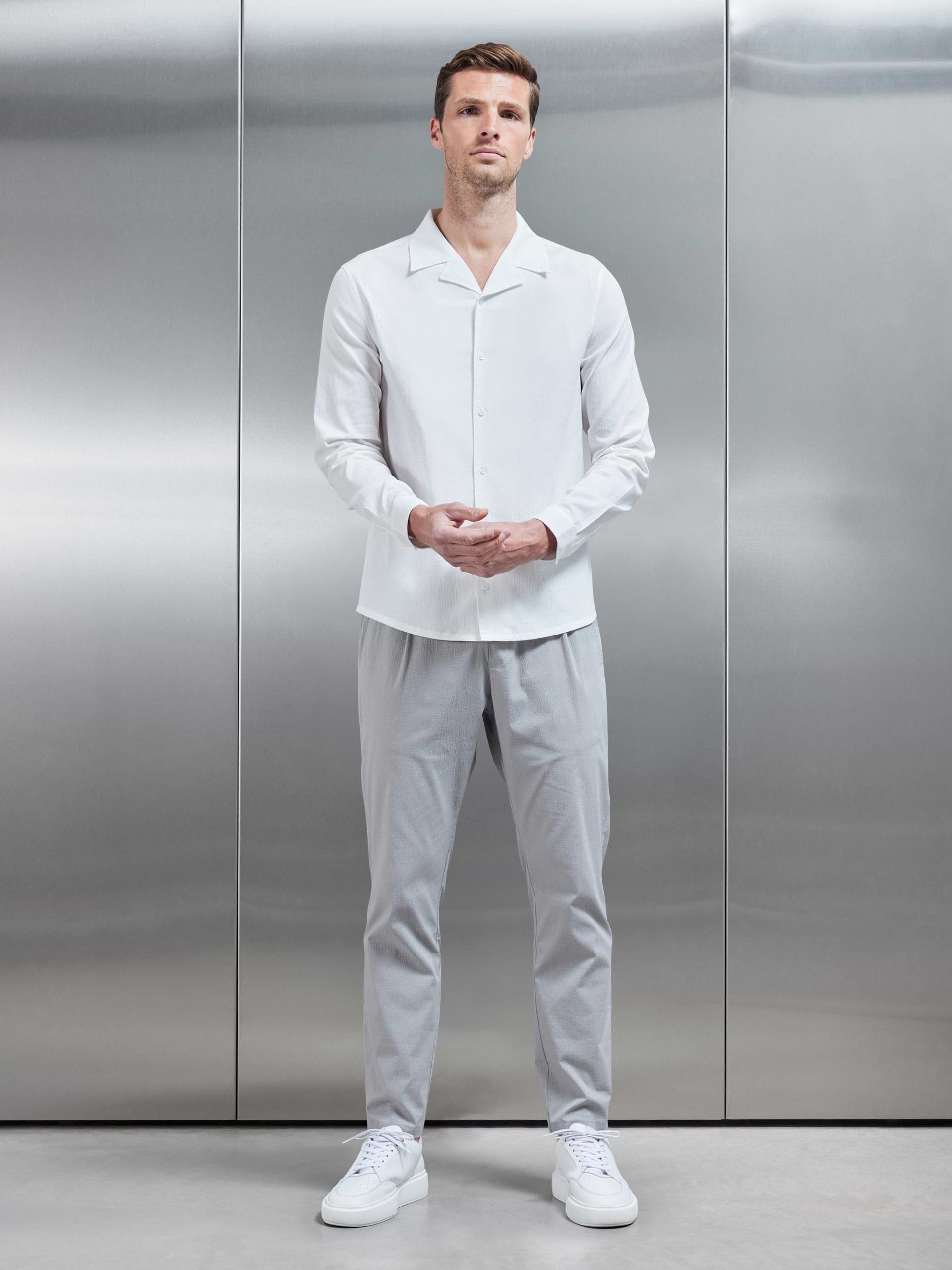 Mens Seersucker Revere Collar Long Sleeve Shirt in White